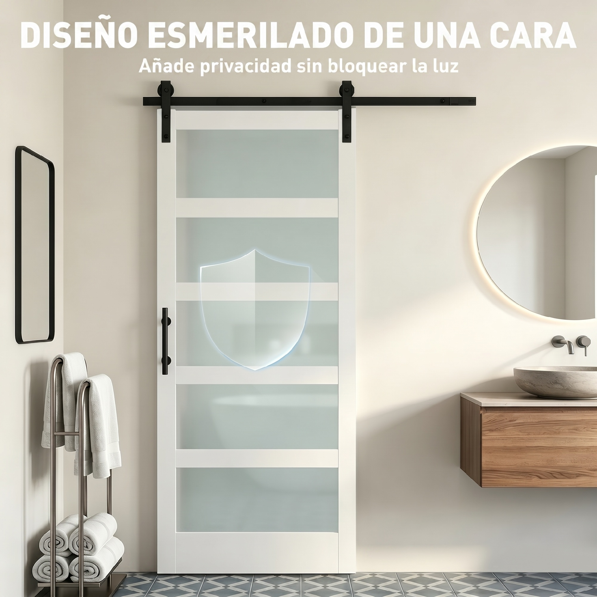Puerta corredera blanca con paneles de vidrio esmerilado y tirador negro.