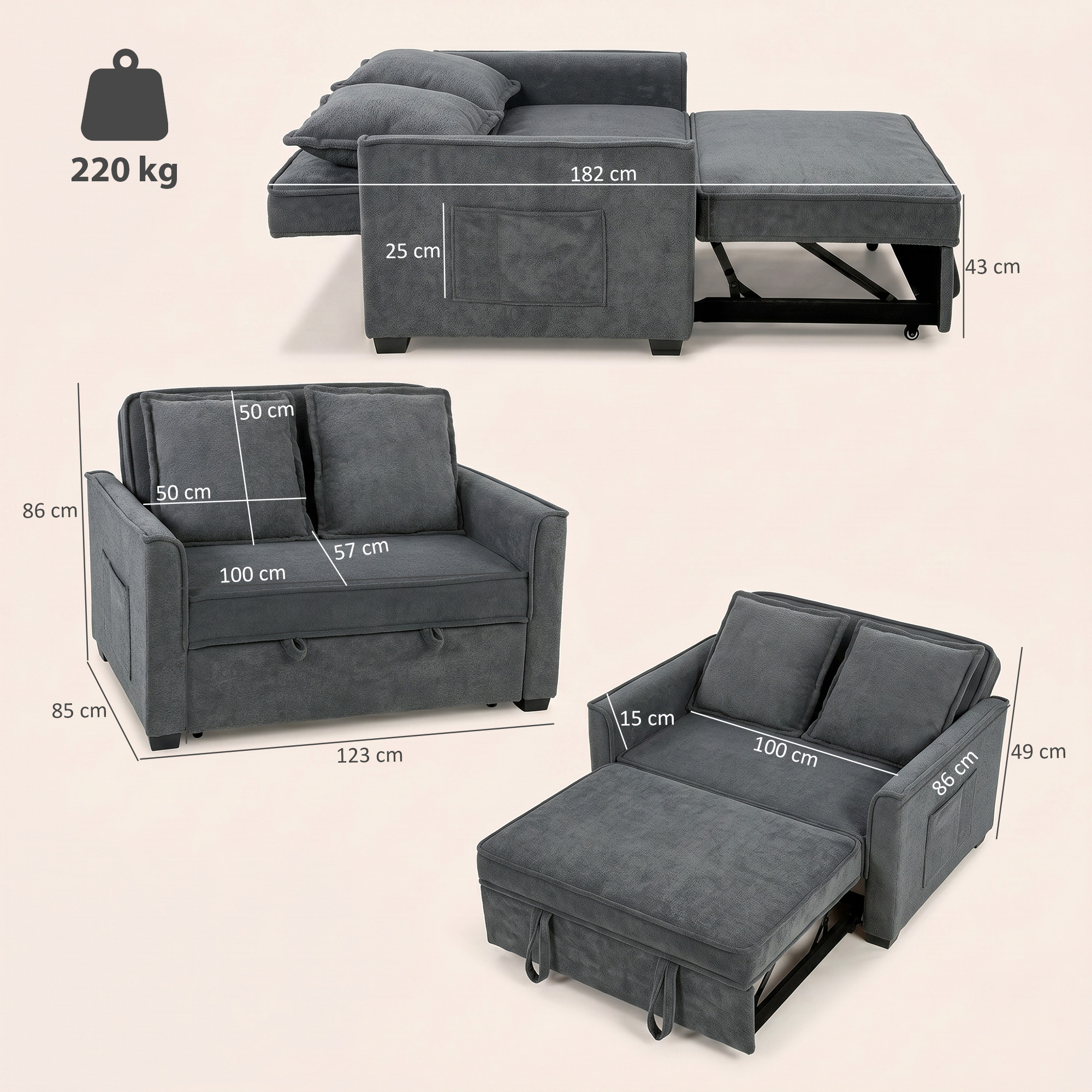 Sofá cama gris con dimensiones mostradas. Peso máximo 220 kg.