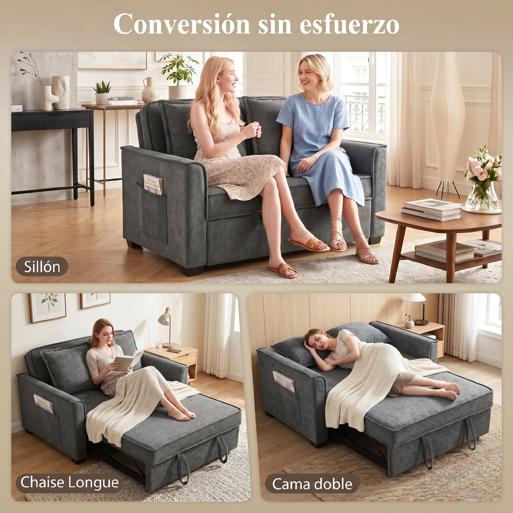 Un sofá cama gris en tres configuraciones: sillón, chaiselongue y cama doble.