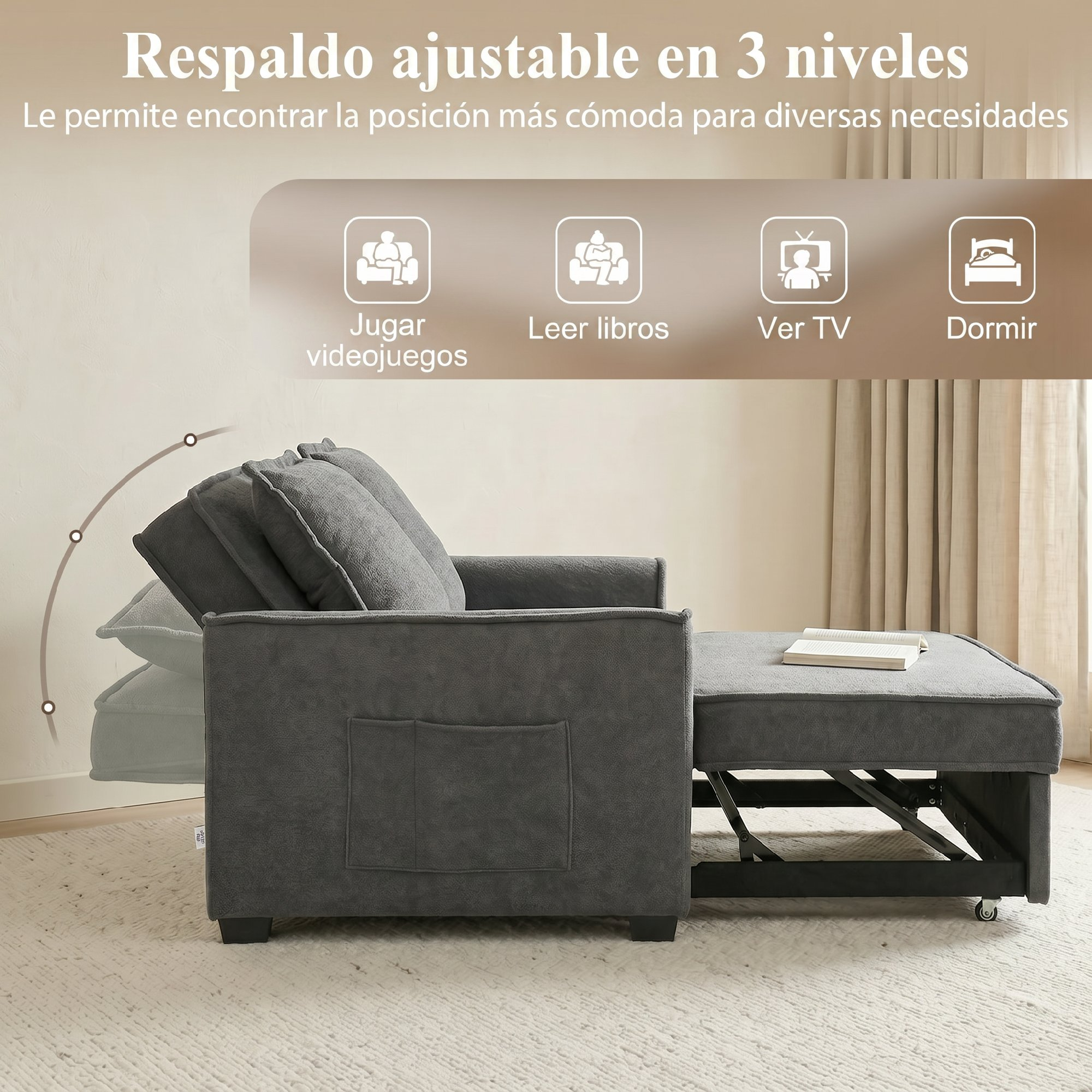 Sofá cama gris en tres posiciones: jugar, leer, ver TV, dormir.
