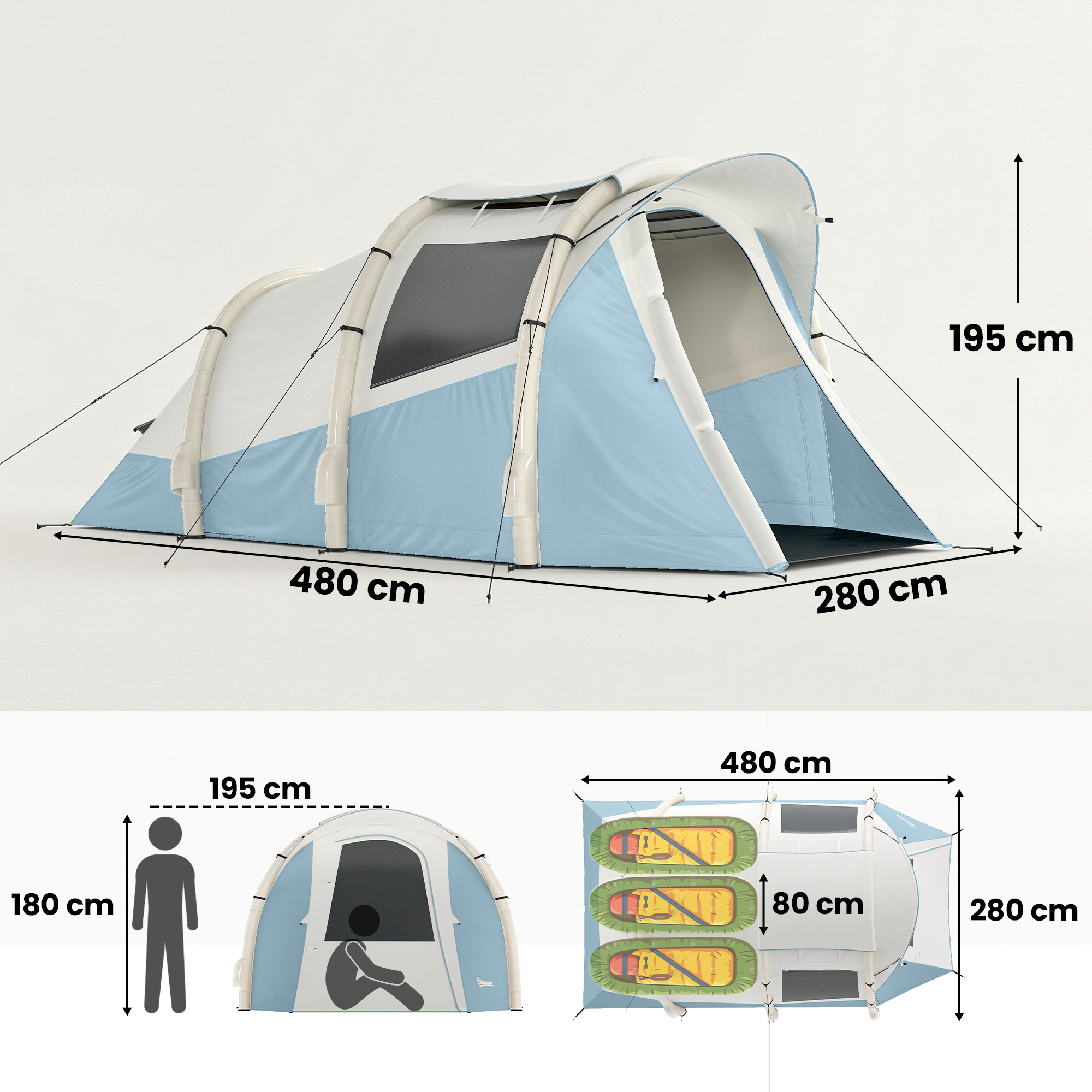 Una tienda de campaña inflable en azul y blanco con dimensiones. Tres botes inflables dentro.