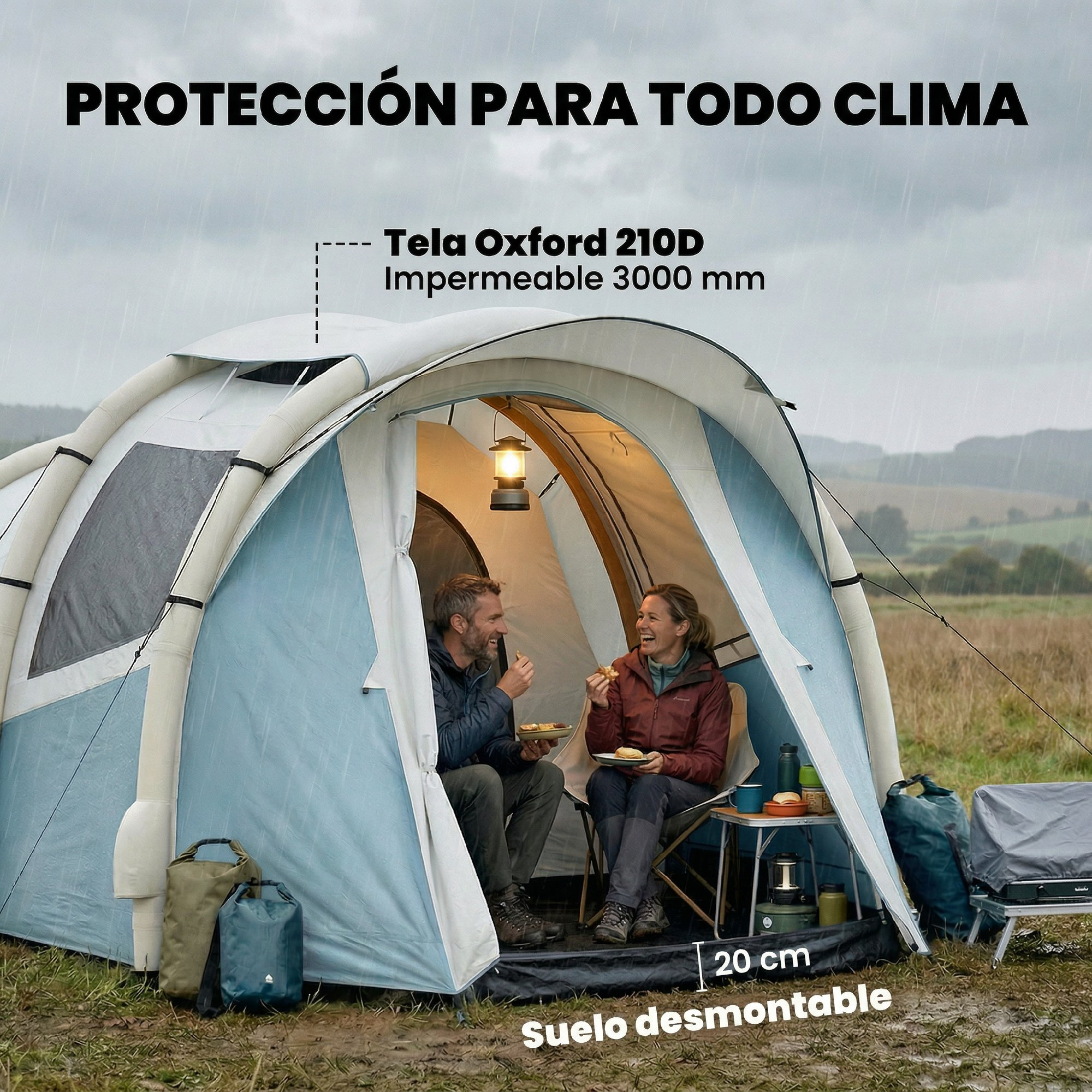 Pareja comiendo dentro de una tienda bajo la lluvia. Tela Oxford 210D.