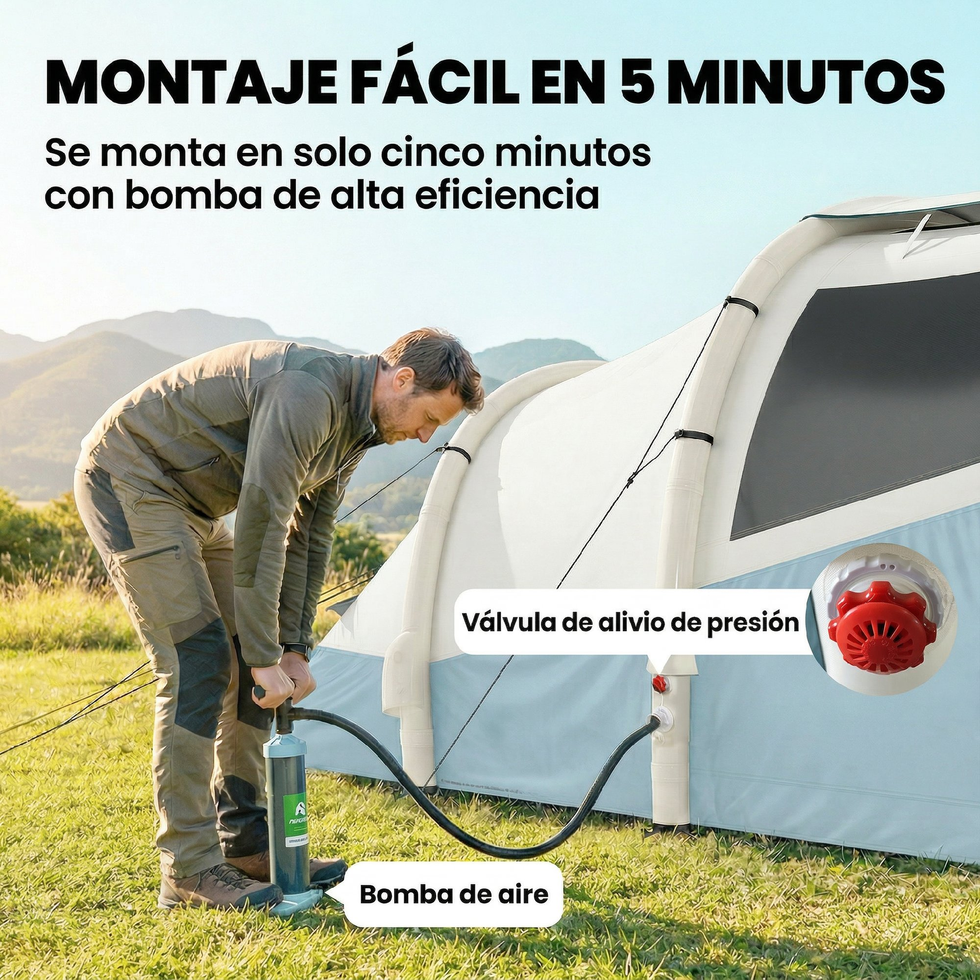 Un hombre infla una tienda de campaña inflable con una bomba de aire al aire libre.