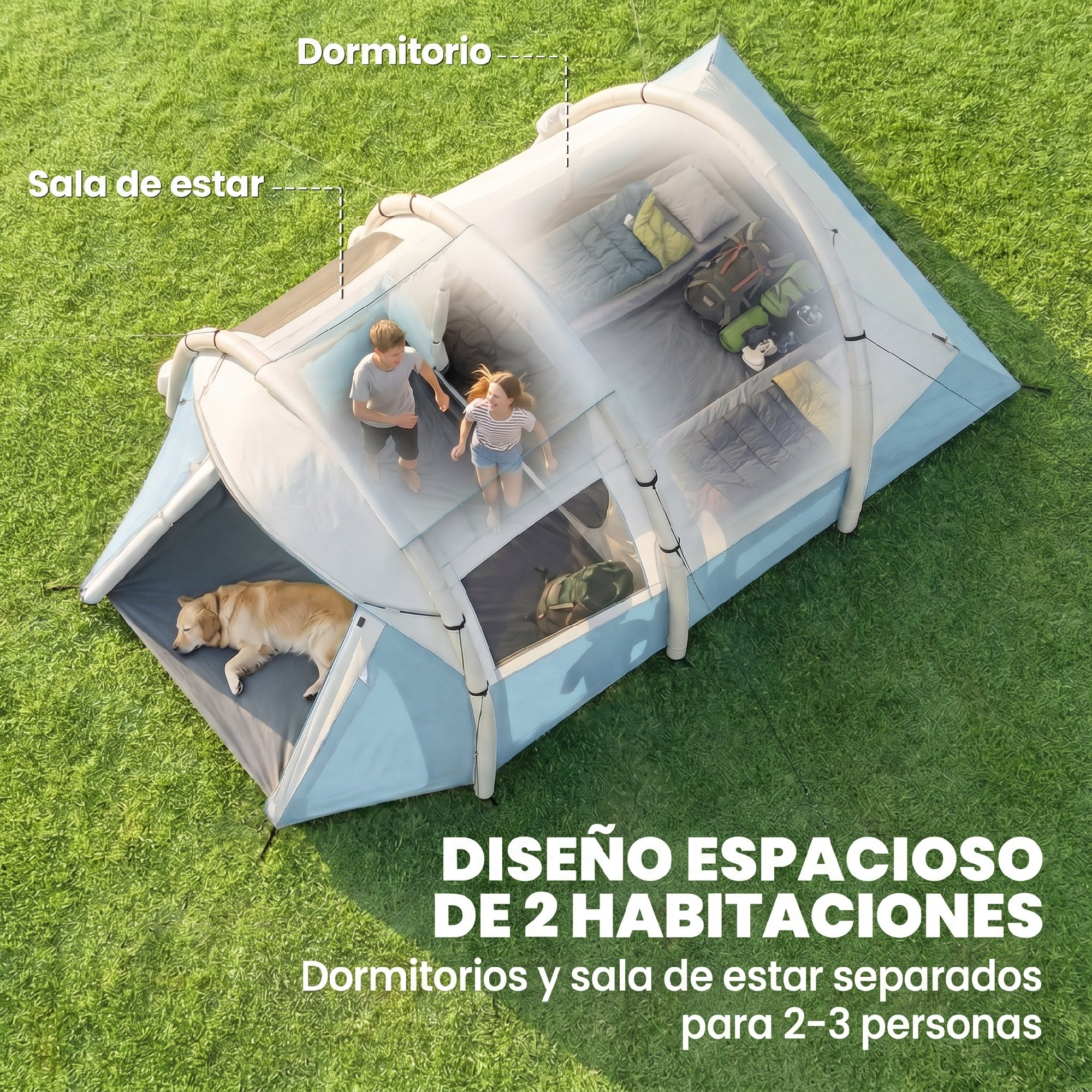 Una tienda espaciosa con dos áreas de dormir y un área de estar para 2-3 personas.