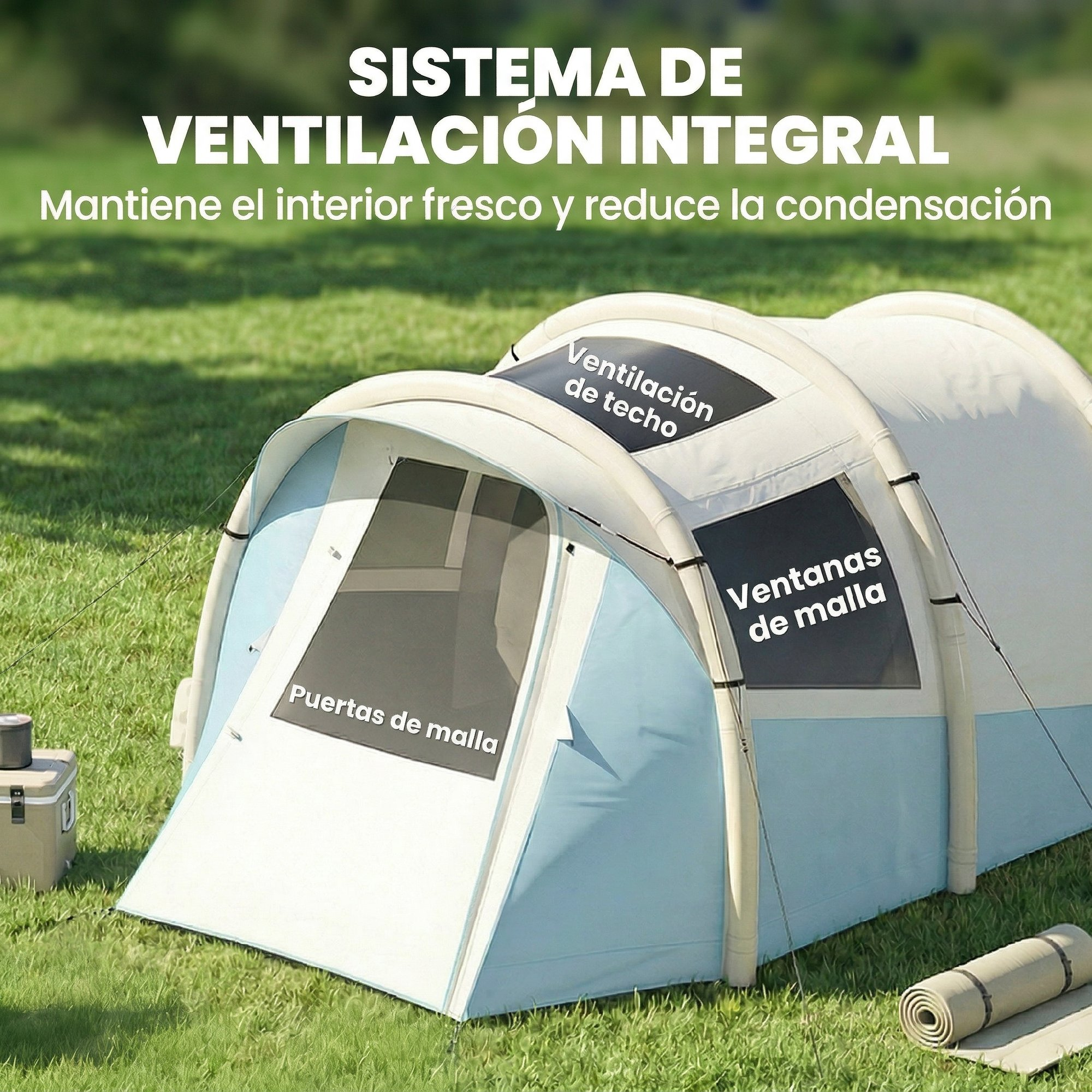 Tienda inflable con ventanas de malla y ventilación en techo sobre césped.