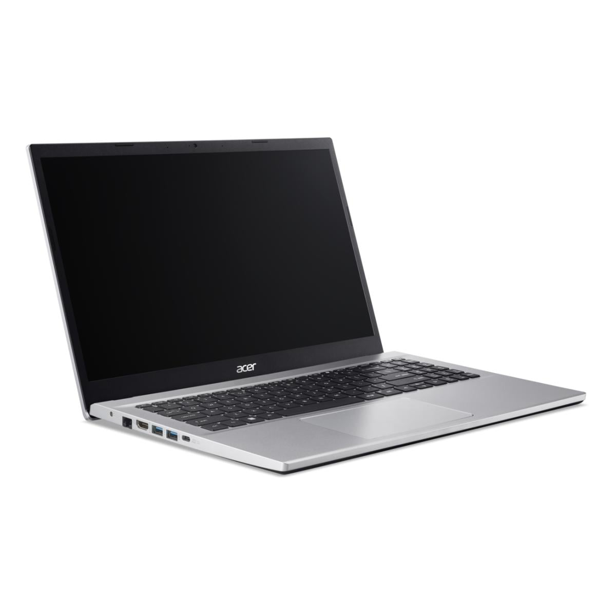 Ein silberner Acer Laptop mit schwarzem Bildschirm und Tastatur, auf weißem Hintergrund.