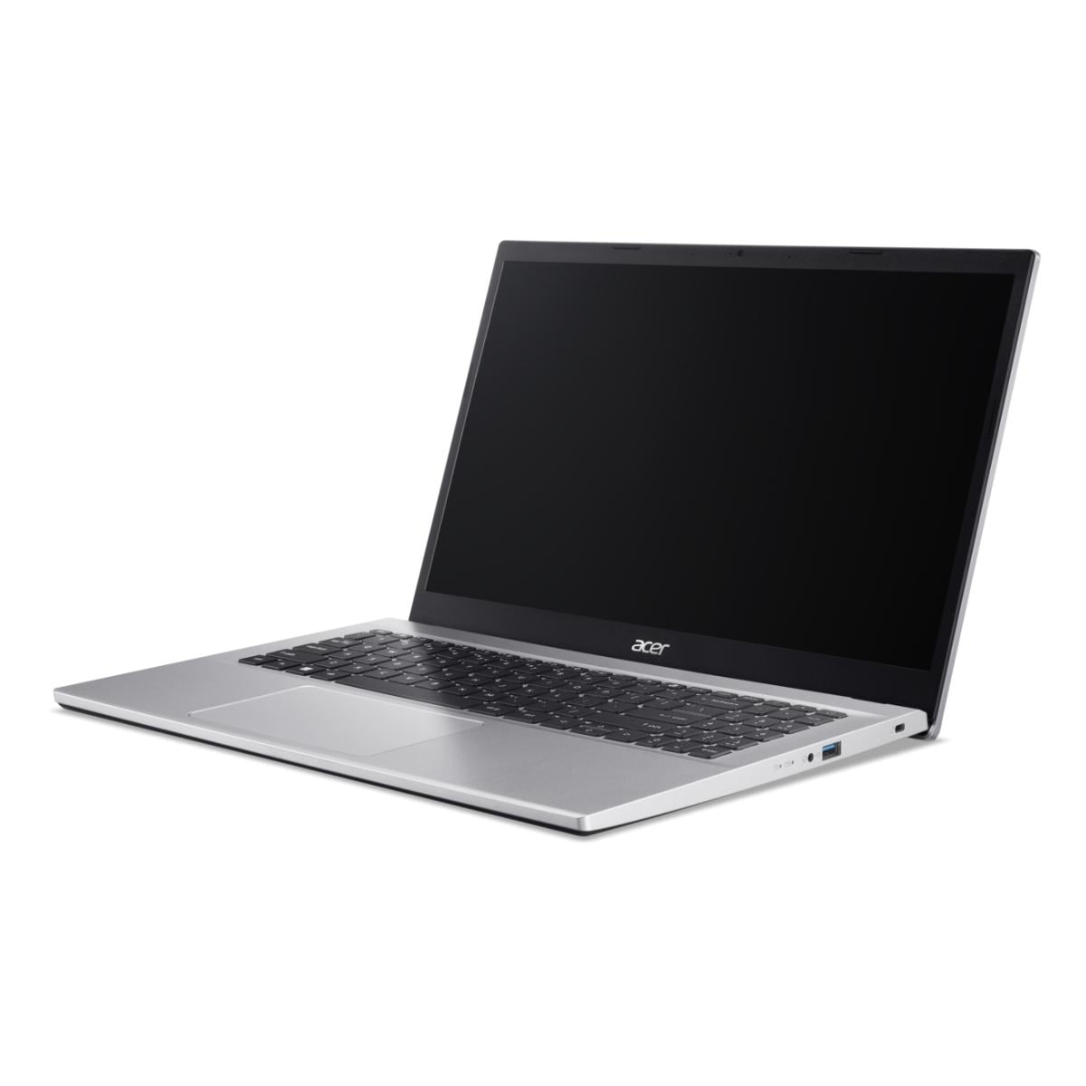 Ein silberner Acer Laptop mit schwarzem Bildschirm, auf weißem Hintergrund.