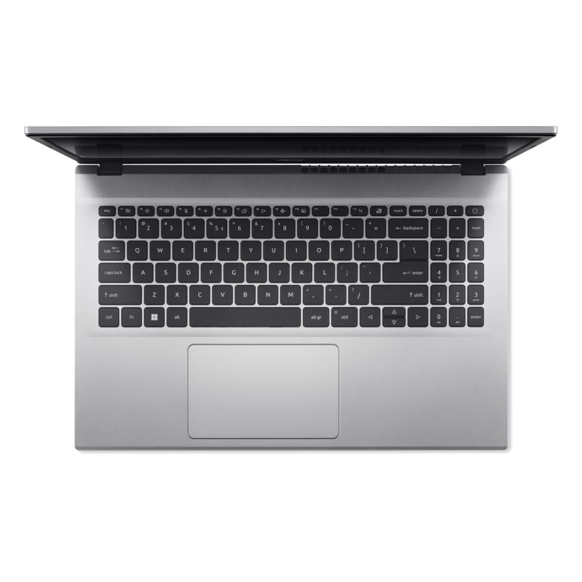 Ein offener silberner Laptop mit Tastatur und Touchpad.