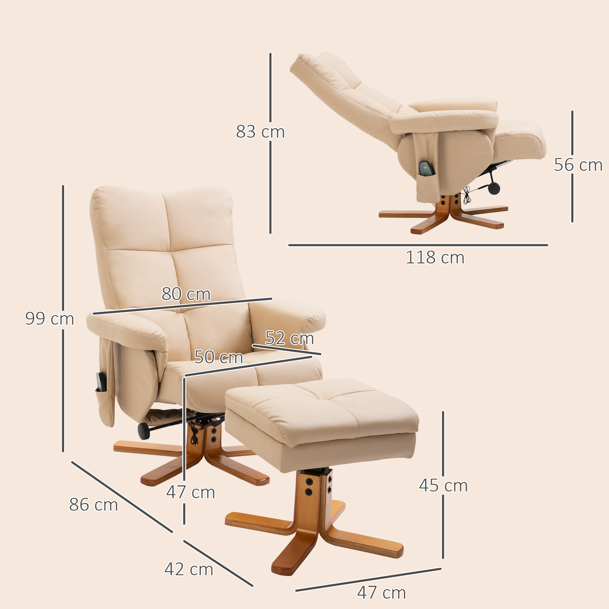 Un sillón reclinable beige con otomana. Se muestran las dimensiones.