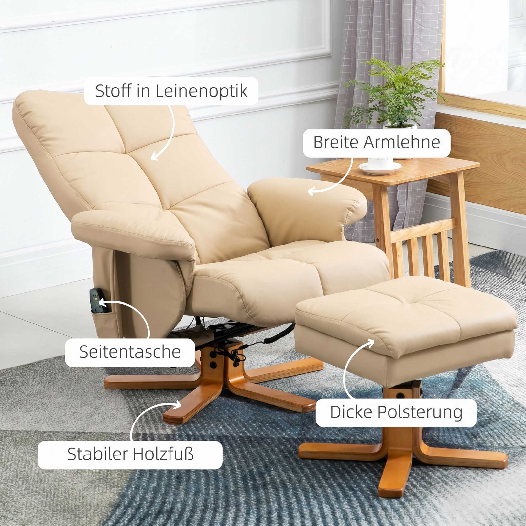 Un sillón reclinable beige con otomana tiene un bolsillo lateral y base de madera. Cerca hay una mesa pequeña de madera.