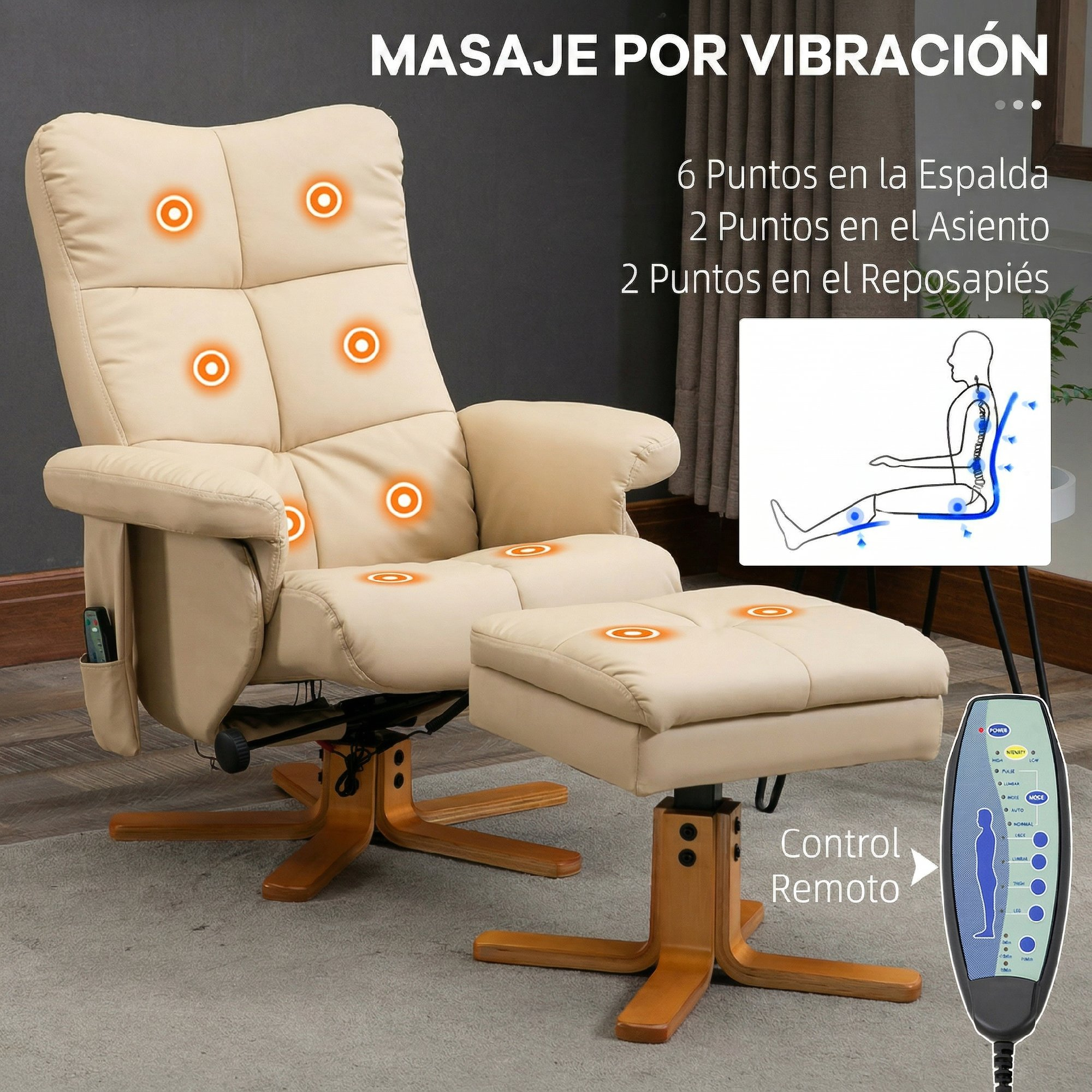 Sillón de masaje beige con otomana y mando a distancia, puntos de masaje naranjas.