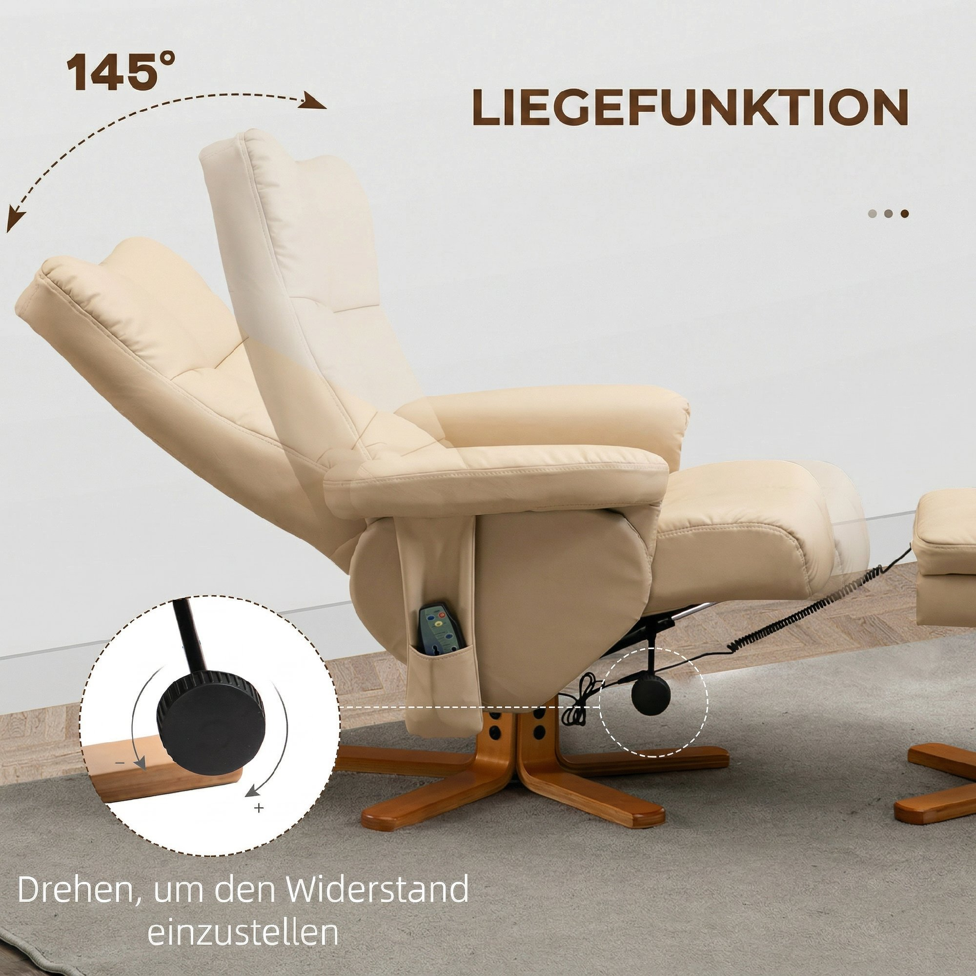 Sillón reclinable beige con respaldo y reposapiés ajustables, incluye mando.