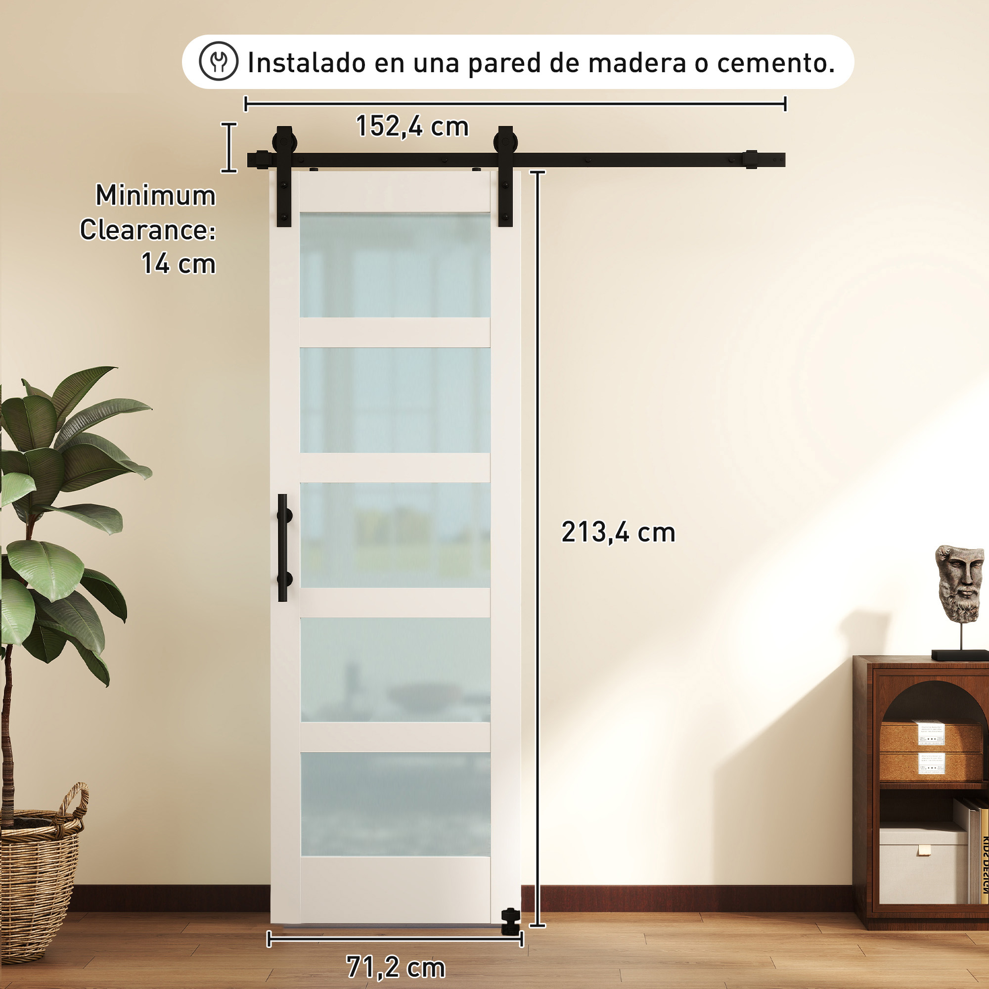Puerta corredera blanca con cuatro paneles de vidrio, manija, riel y medidas.