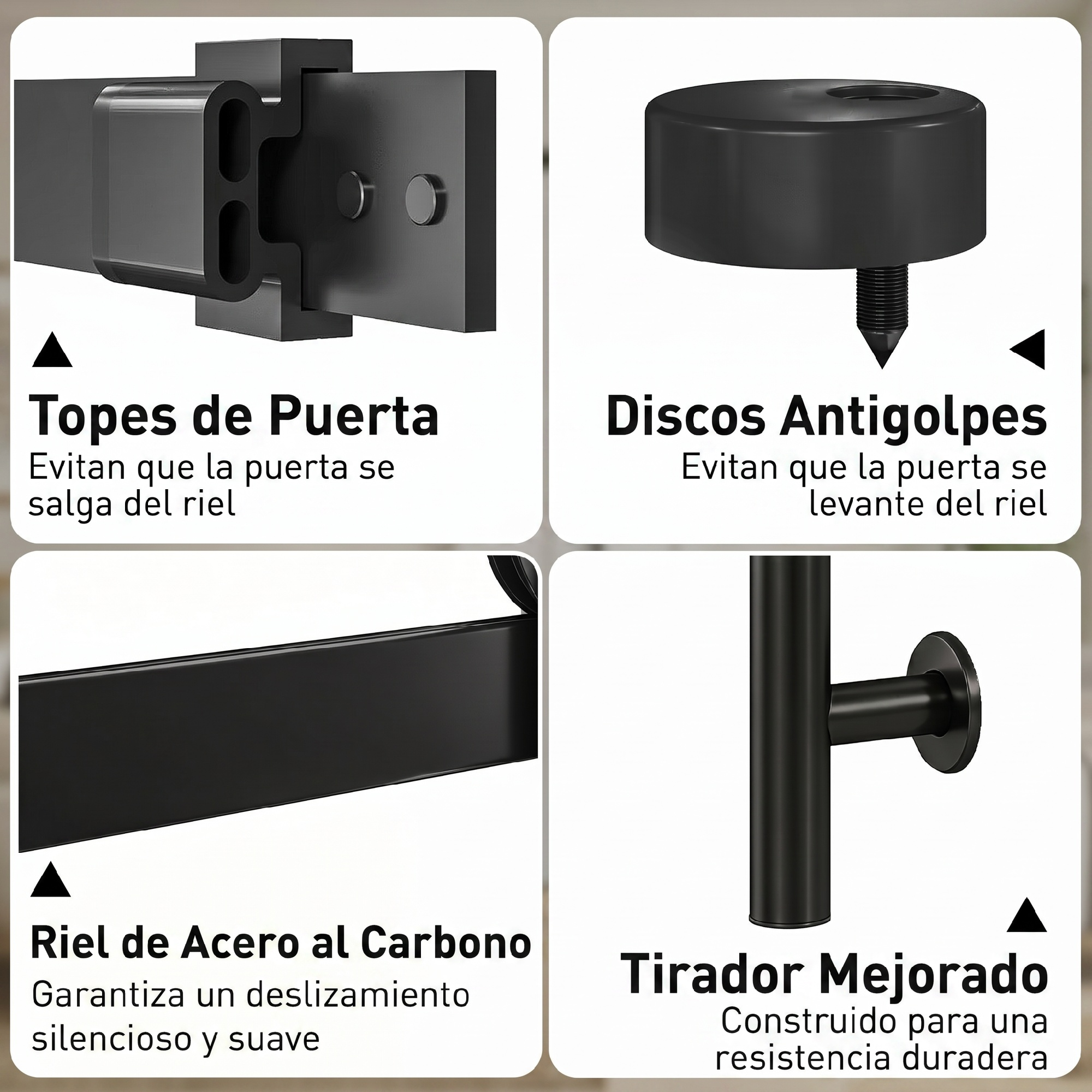 Cuatro herrajes negros para puertas: topes, discos, riel y tirador.