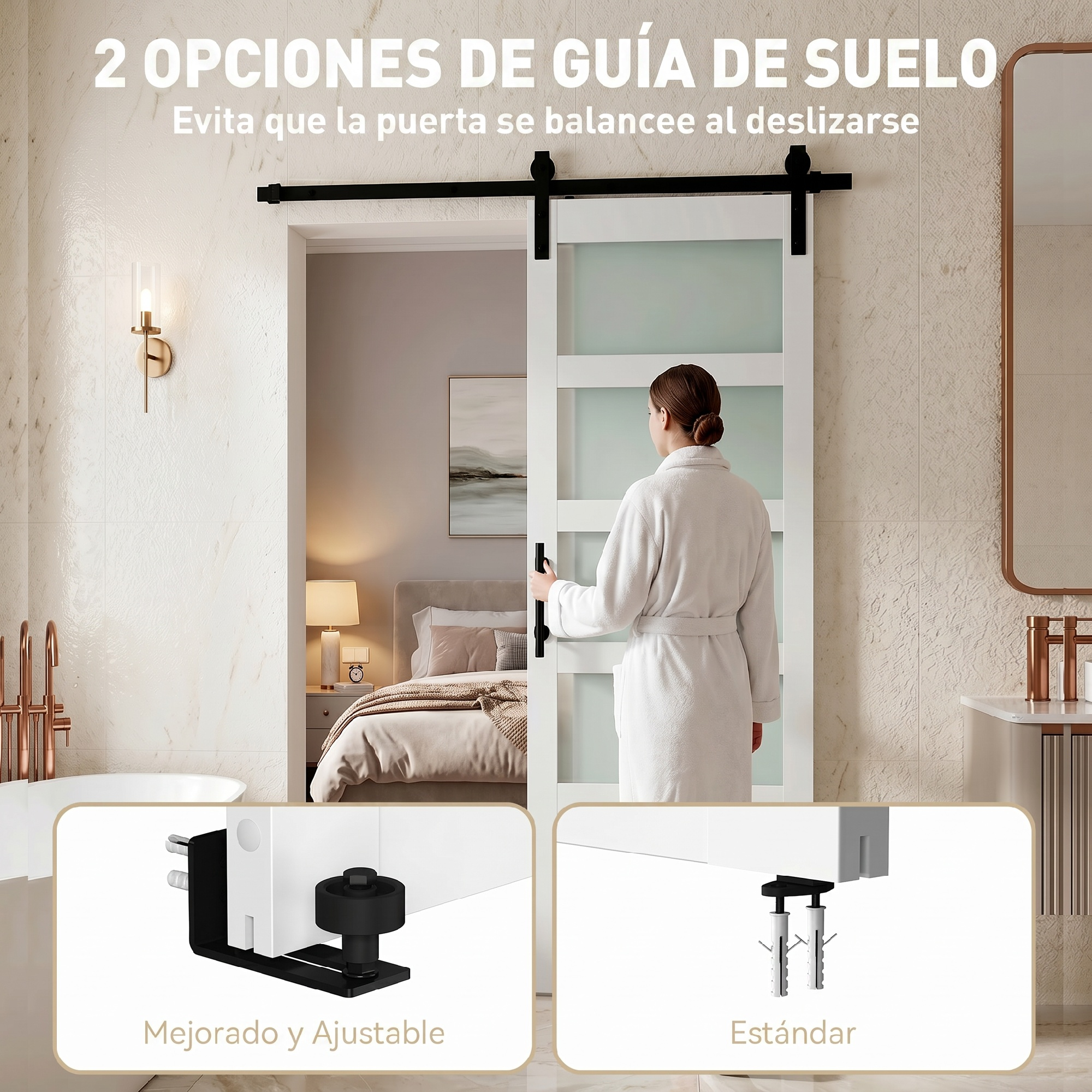 Una mujer en bata abre una puerta corrediza blanca. Se muestran dos opciones de guía de suelo.