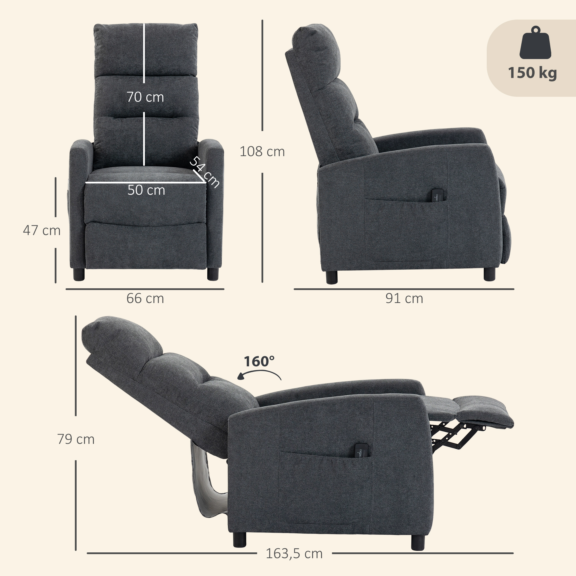 Sillón reclinable gris oscuro con dimensiones y capacidad de 150 kg.