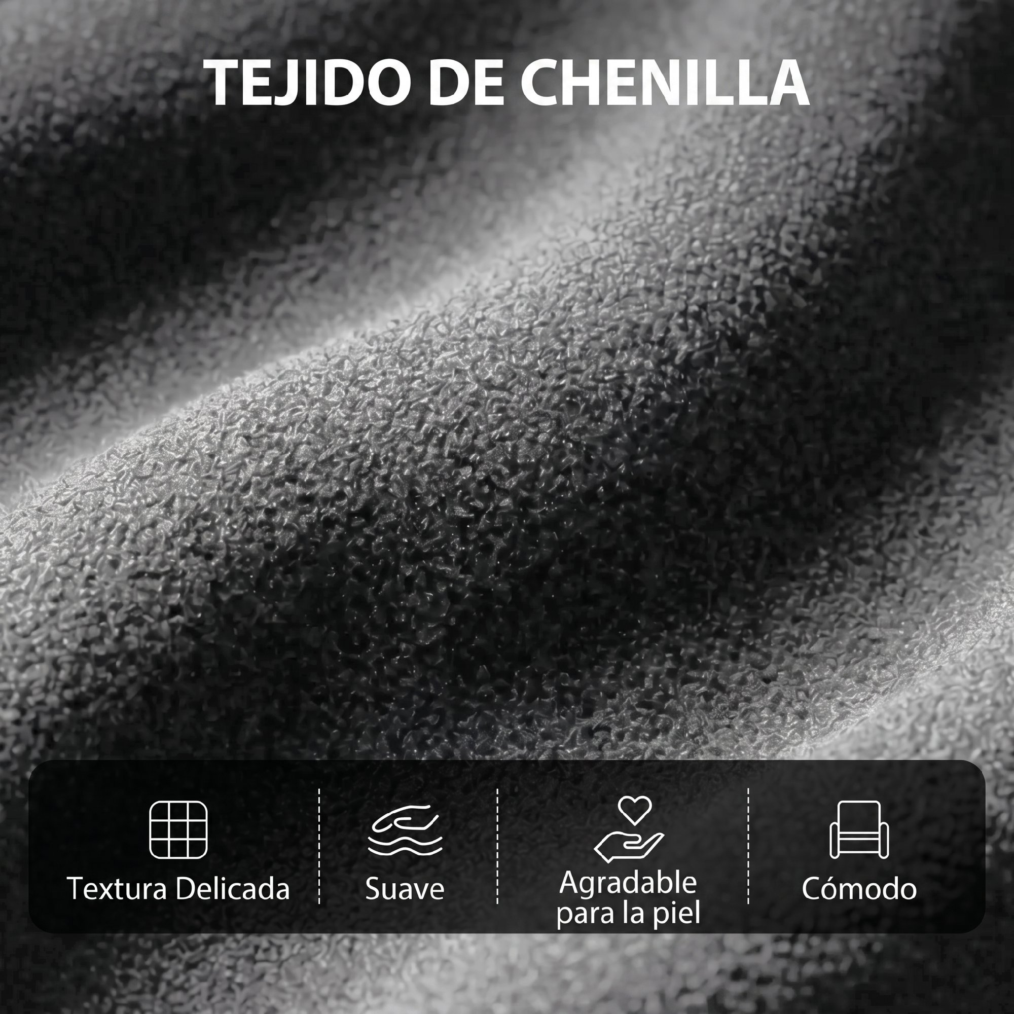 Tejido de chenilla gris con textura detallada e iconos de comodidad.