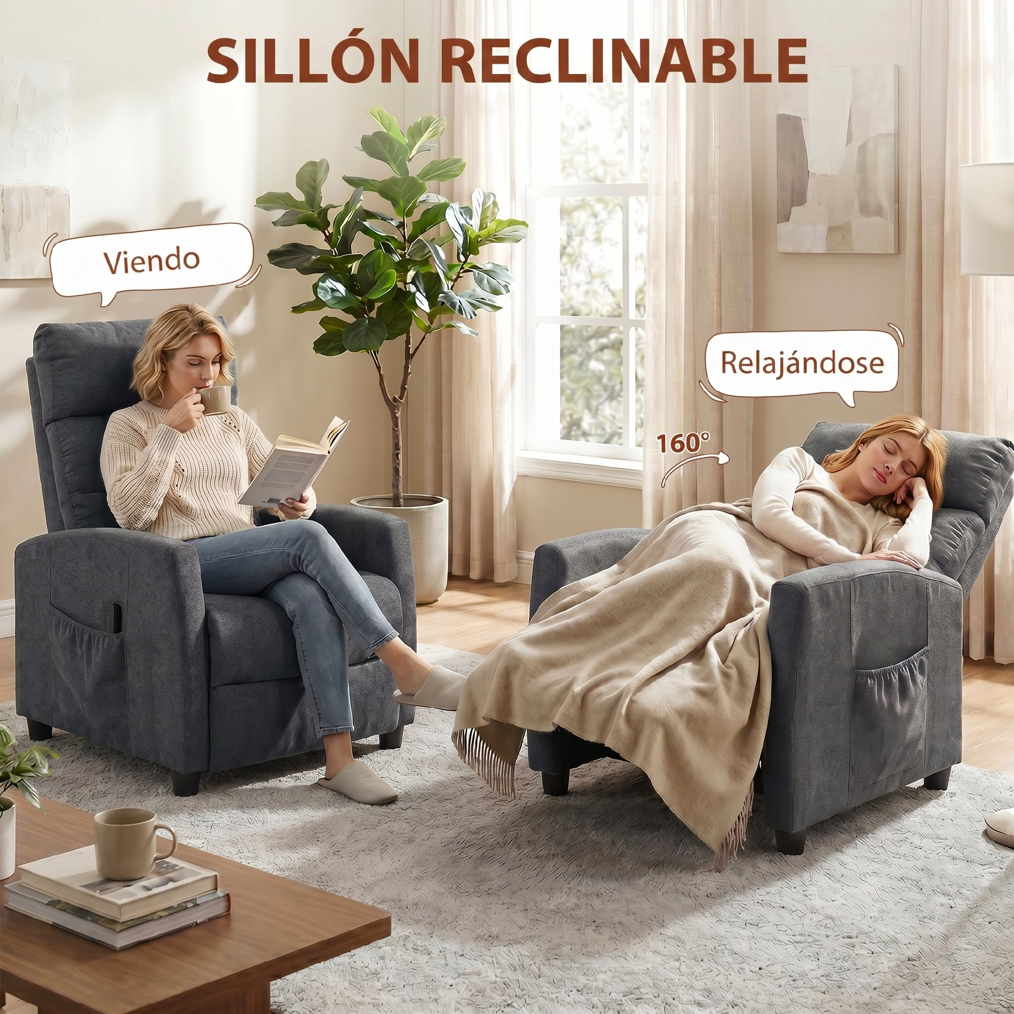 Dos mujeres en sillones reclinables en una sala, una lee y otra duerme.