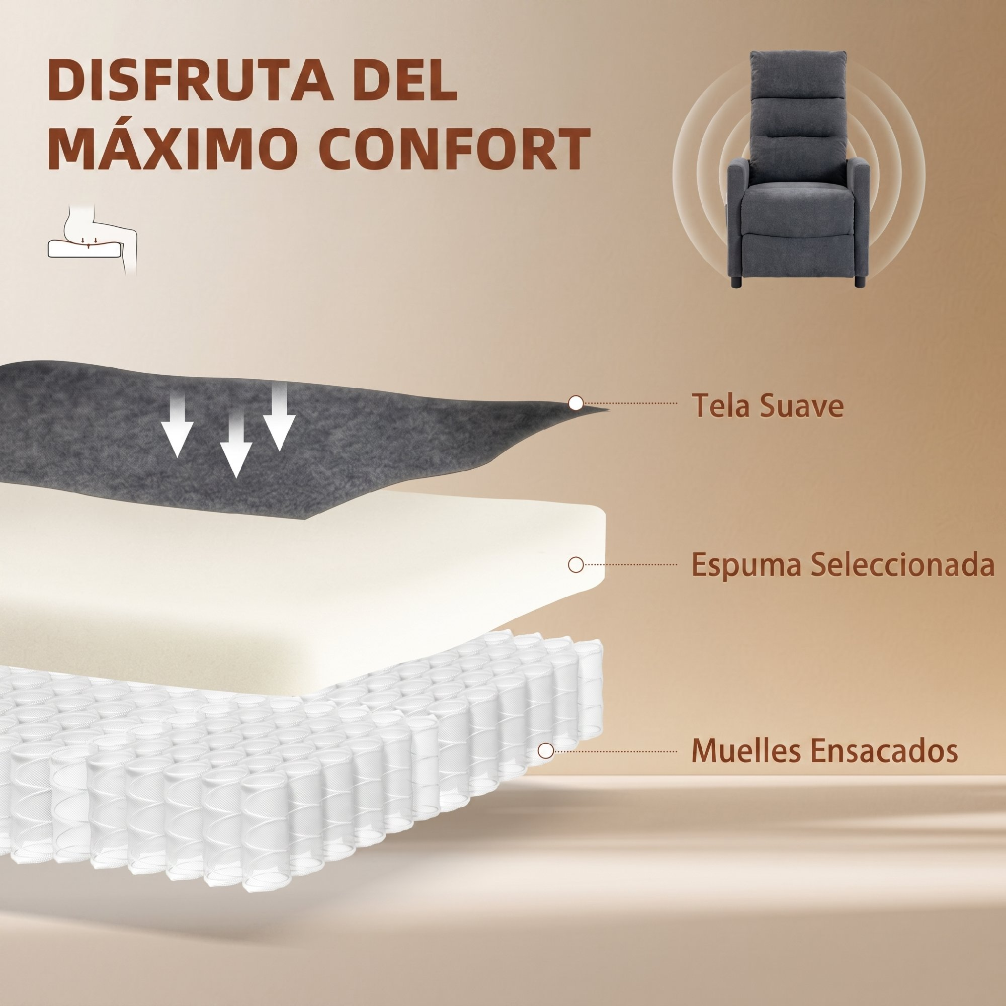 Un sillón gris oscuro con capas de tela, espuma y resortes.