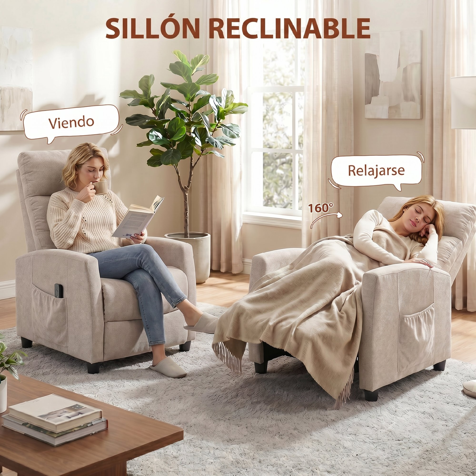 Dos personas en sillones: una lee, la otra duerme. Ambiente luminoso y acogedor.
