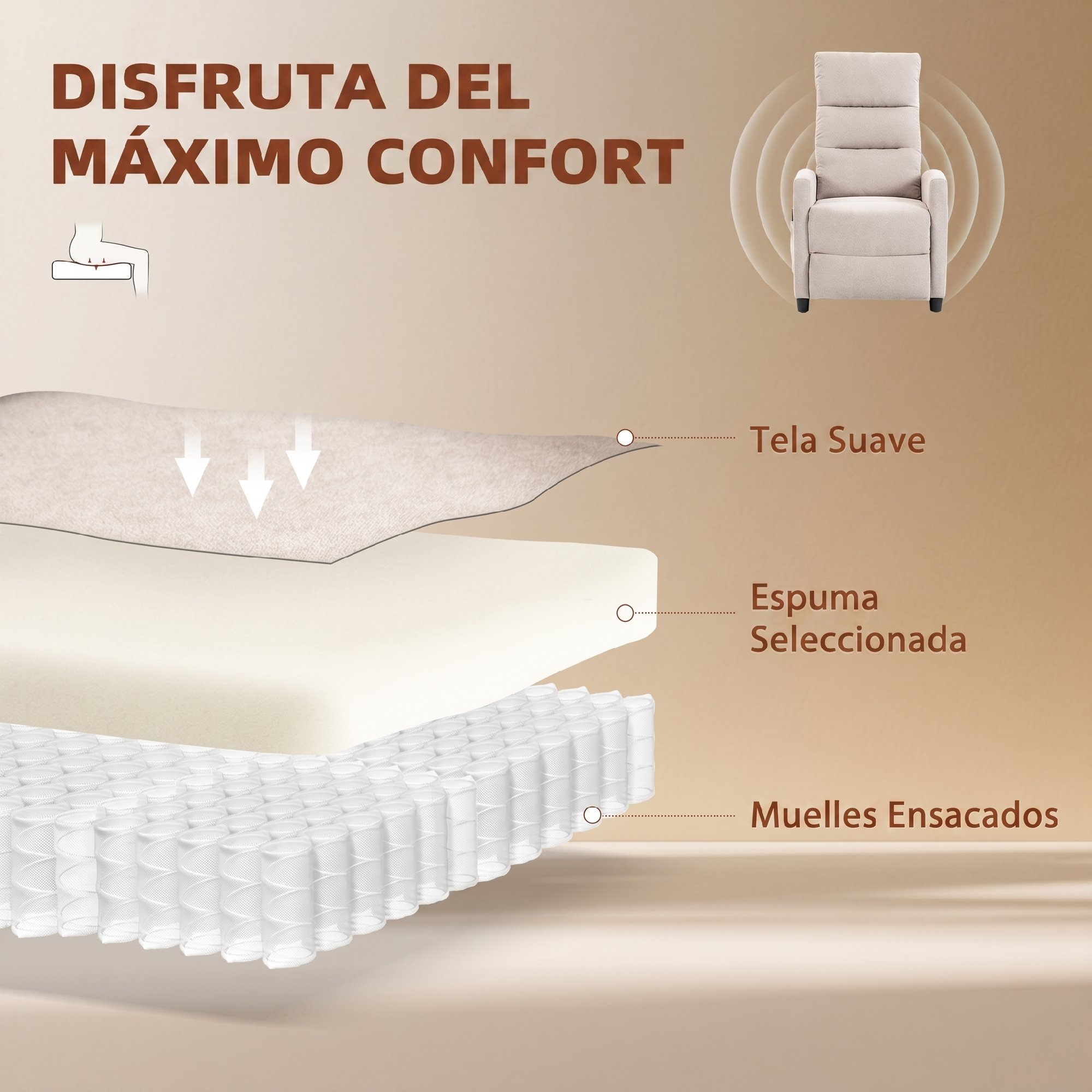 Capas: tela suave, espuma, muelles. Sillón.