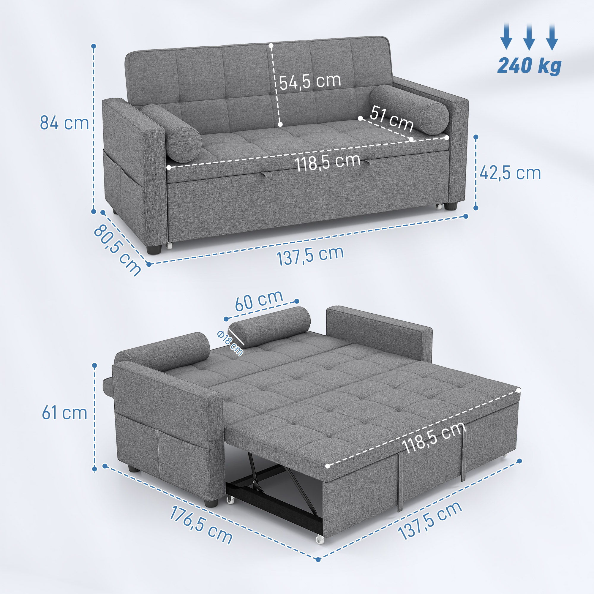 Sofá cama gris con dimensiones e indicador de capacidad 240kg.