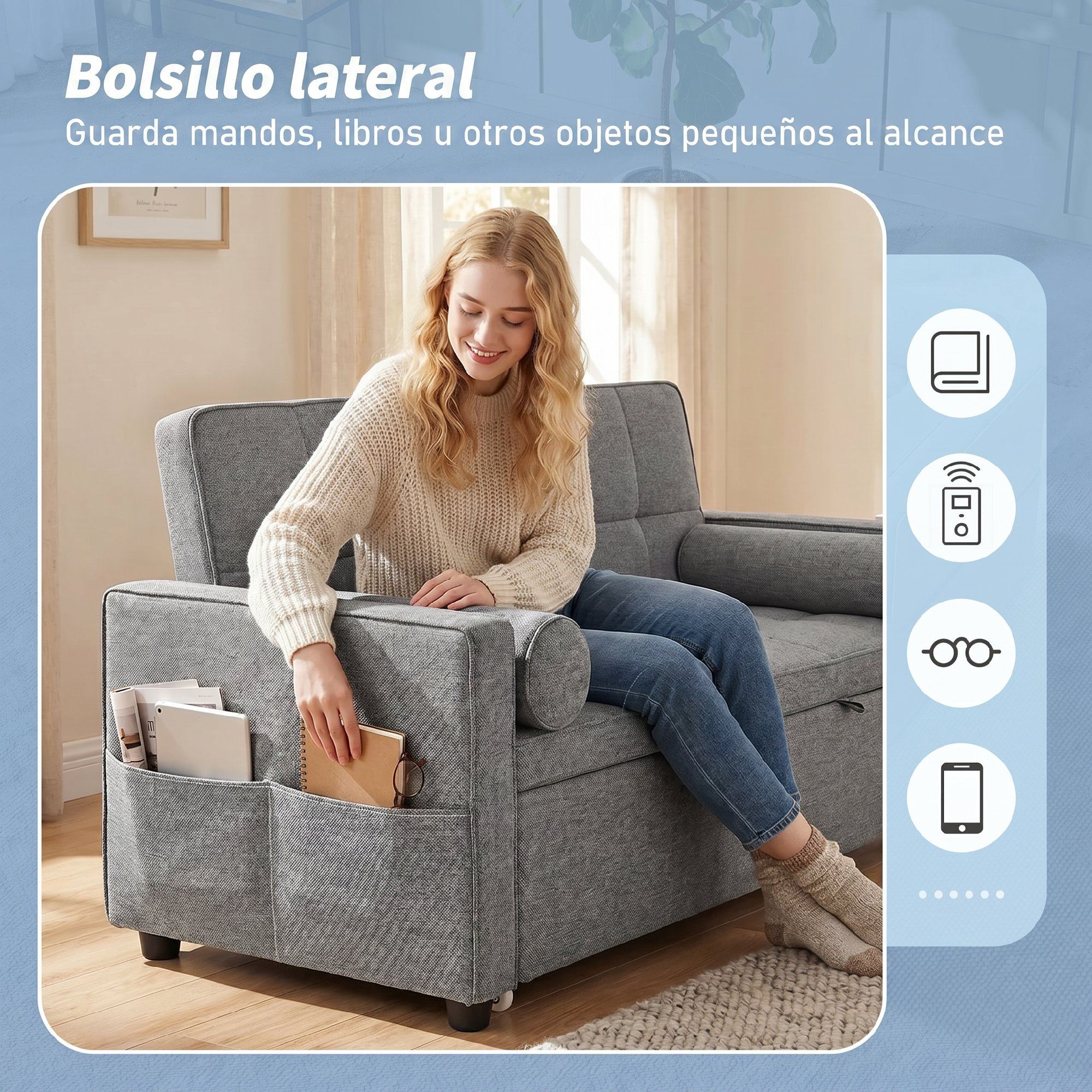 Mujer rubia sentada en sofá gris, metiendo mano en bolsillo lateral.