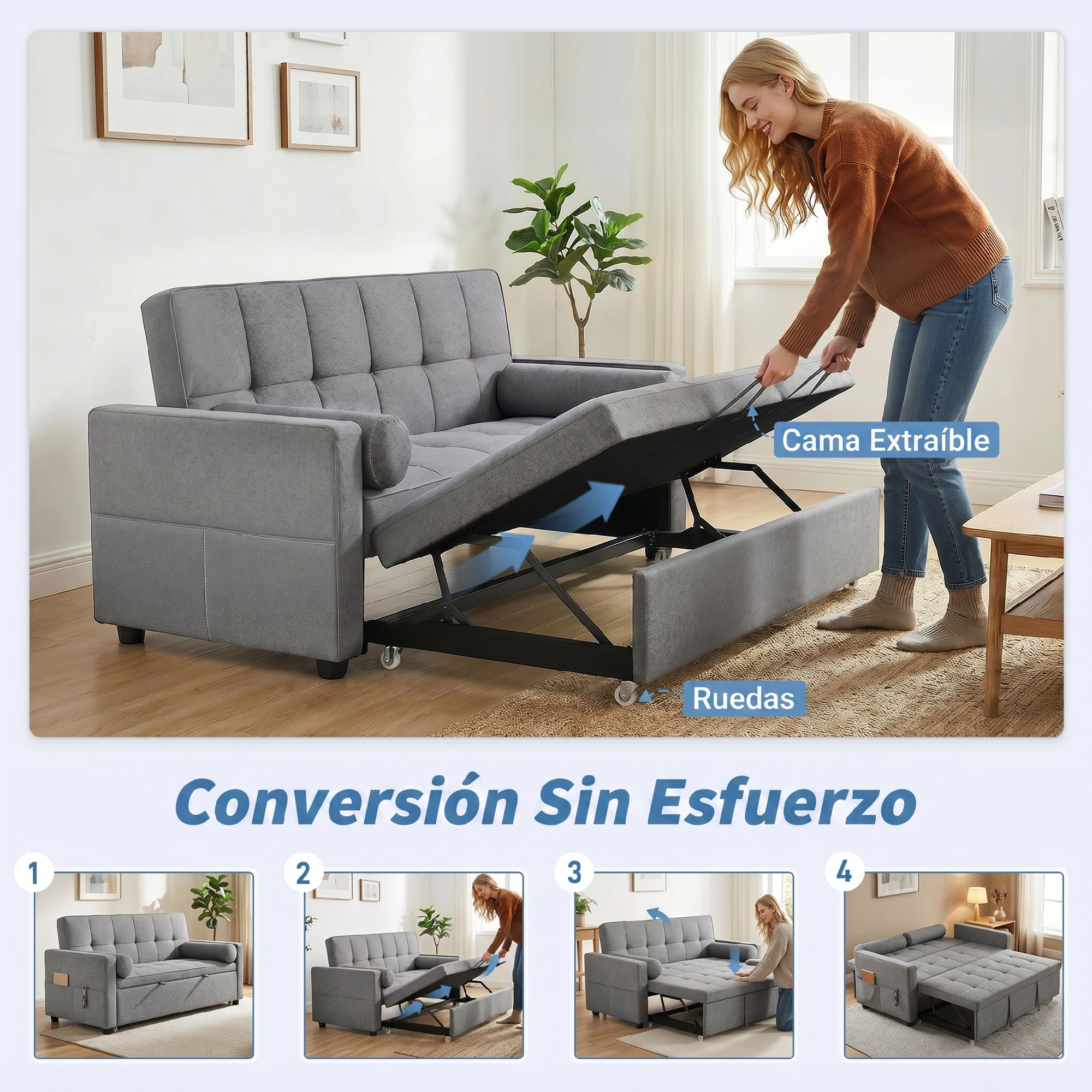 Conversión sofá cama gris: Mujer saca un cajón. 4 pasos.