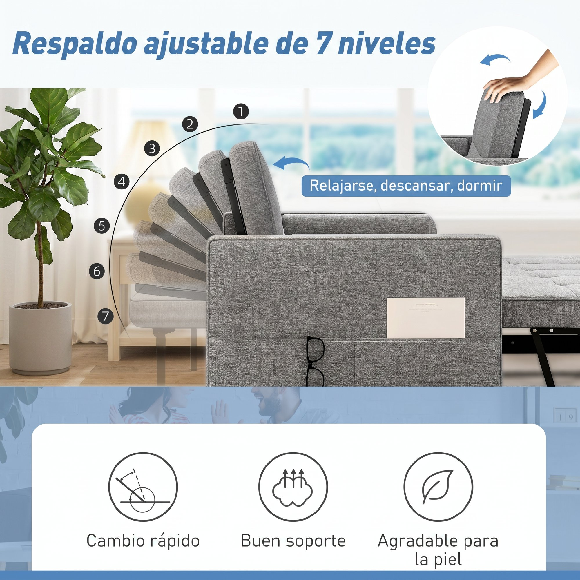 Sofá gris con respaldo ajustable de 7 niveles. Incluye planta y iconos.