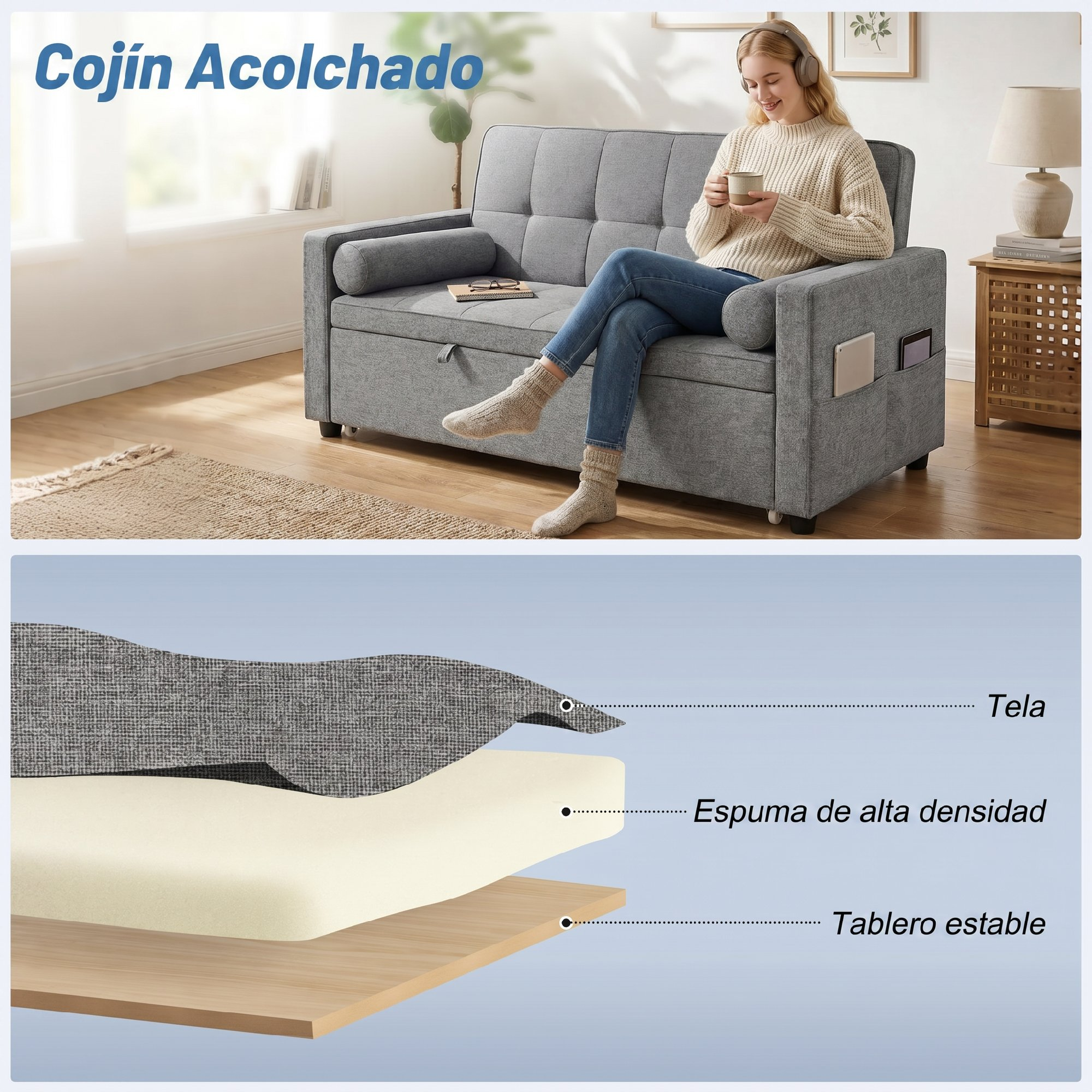 Sofá cama gris con mujer bebiendo café. Capas de tela mostradas abajo.