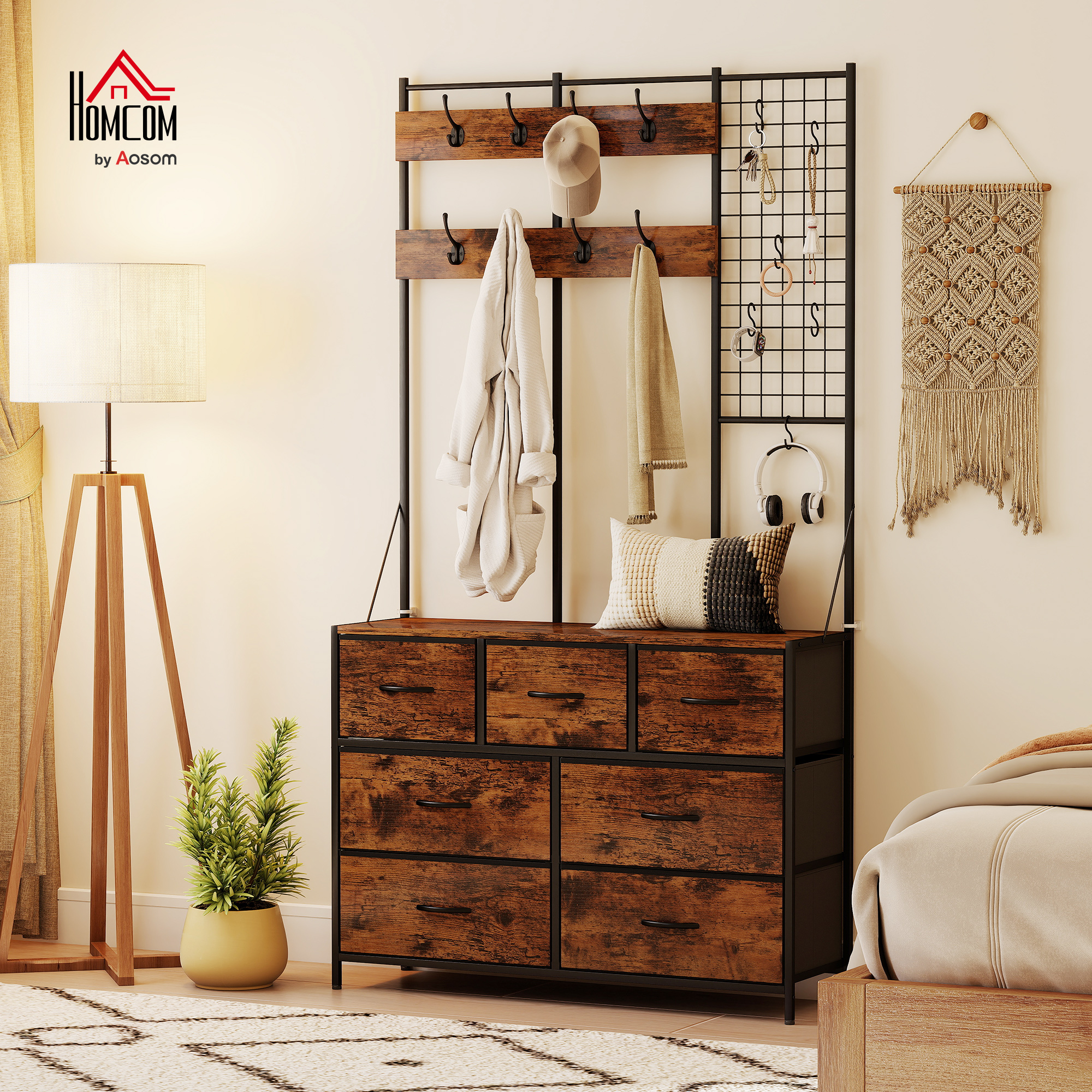 Perchero de madera con 7 cajones, ganchos para ropa, gorra y auriculares.