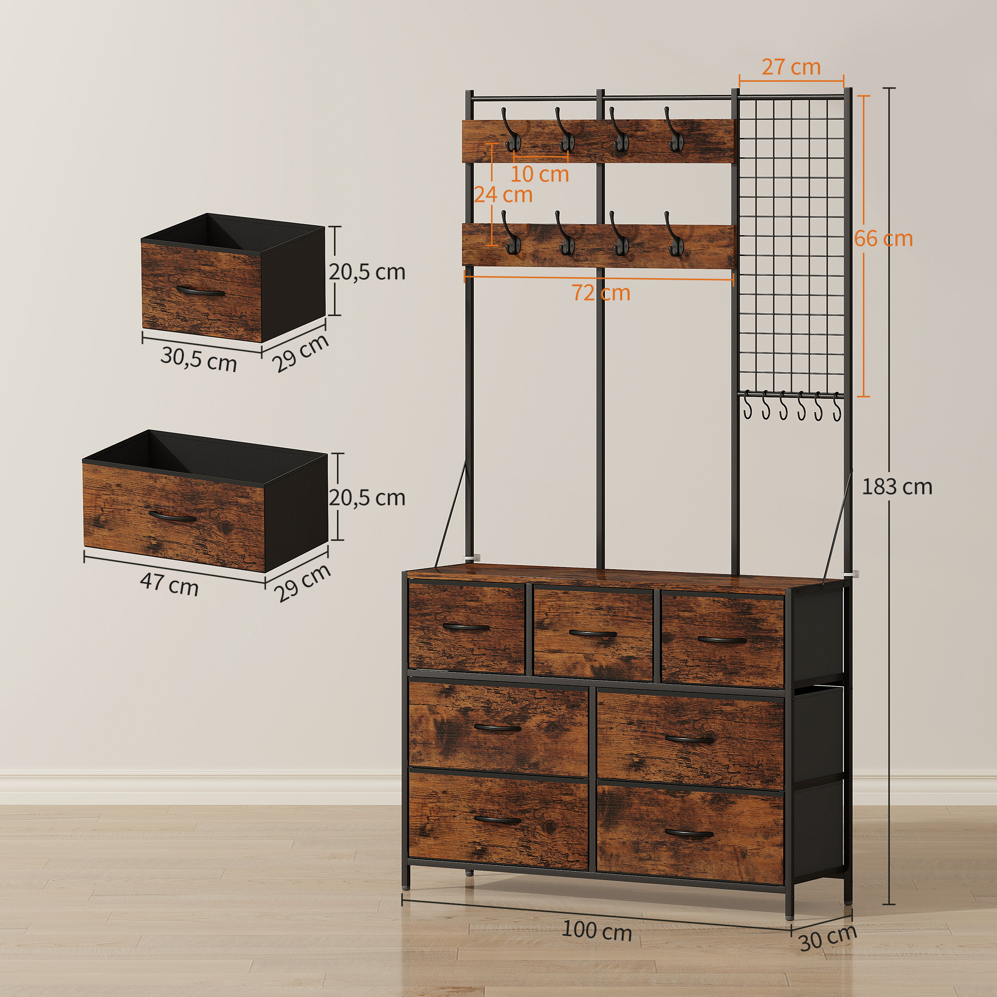 Mueble de entrada de madera con 8 cajones, 10 ganchos y panel de rejilla.