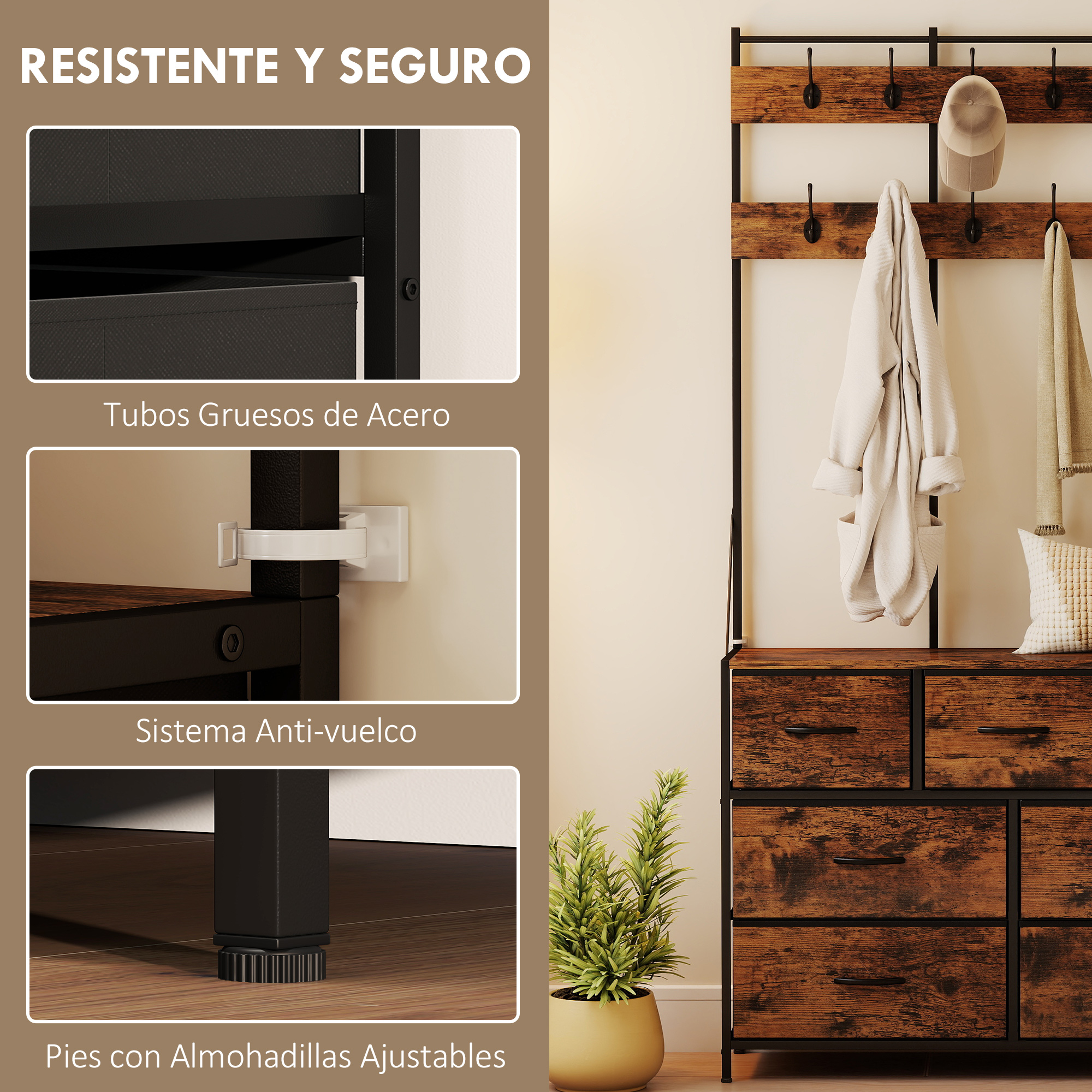 Cómoda de madera con marco de metal negro, percheros, ropa y planta en maceta.