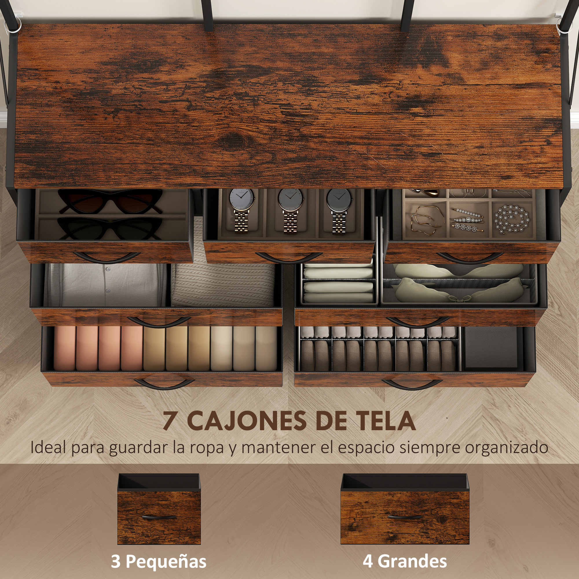 Cajones abiertos muestran ropa, relojes y joyas organizados.