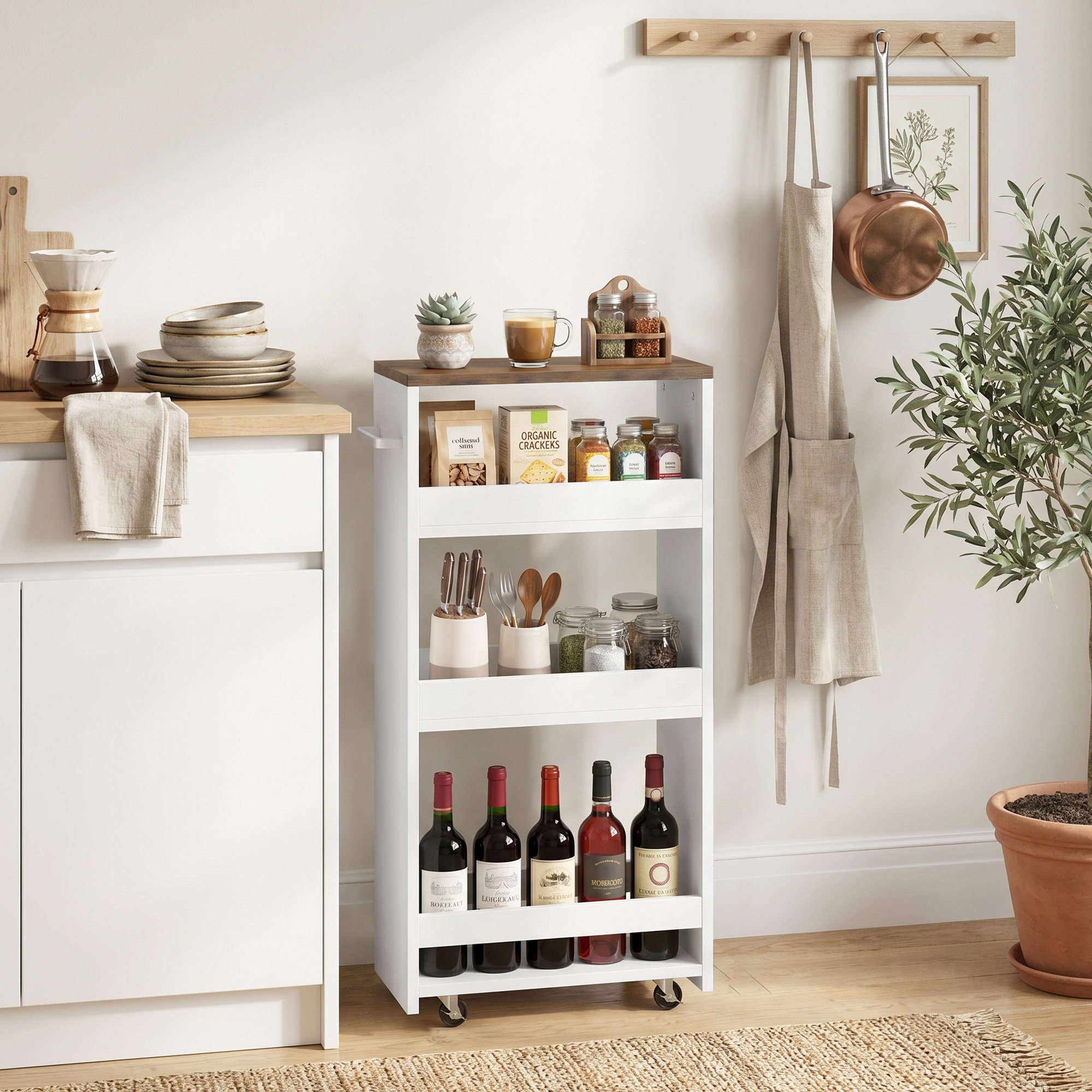 Un carrito de cocina blanco tiene botellas de vino, frascos, galletas y utensilios. Delantales y una olla de cobre cuelgan cerca.