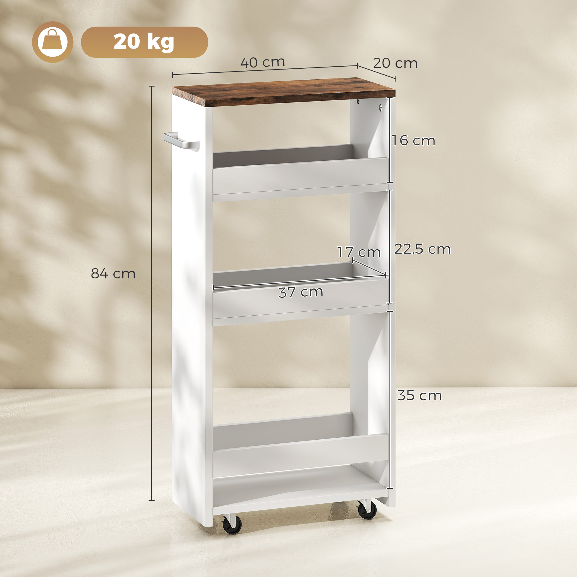 Un carrito de cocina blanco con tapa de madera, 84 cm de alto, 40 cm de ancho, 20 cm de fondo.
