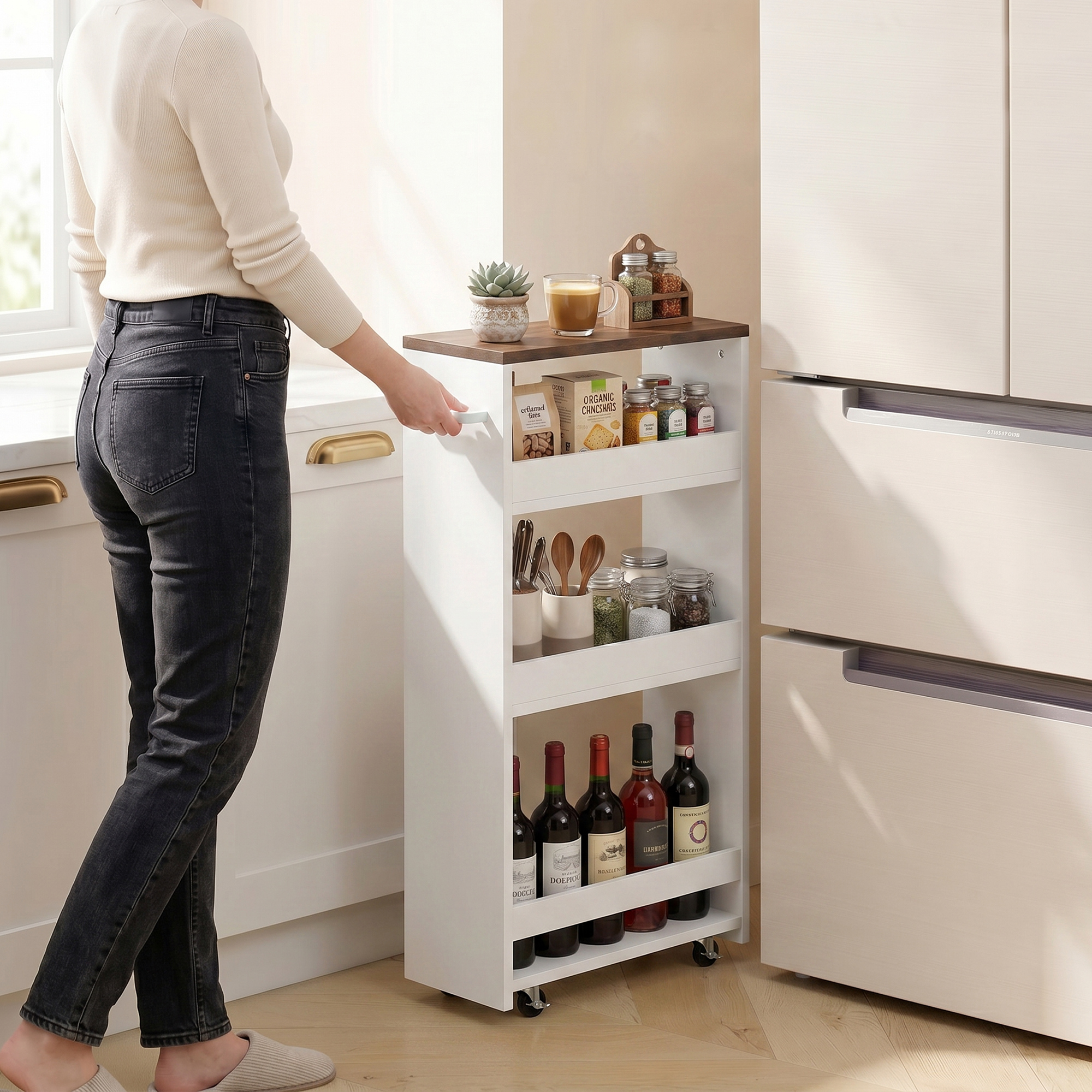 Una mujer empuja un carrito de cocina estrecho con botellas y frascos.