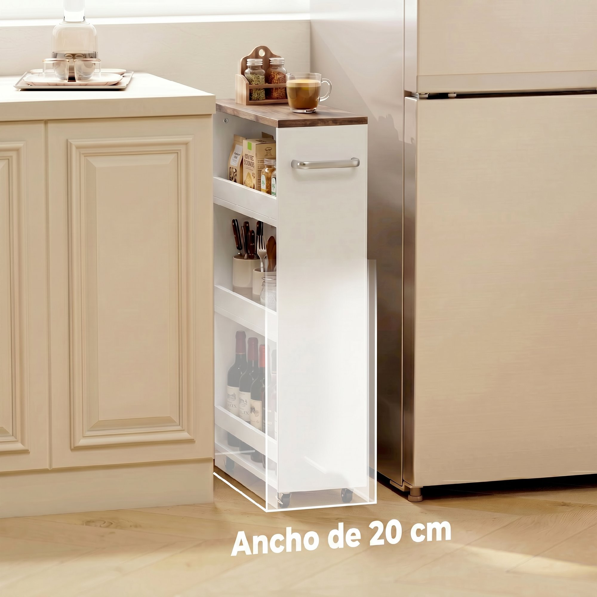 Carrito de cocina estrecho con tapa de madera, lleno de comida y botellas.