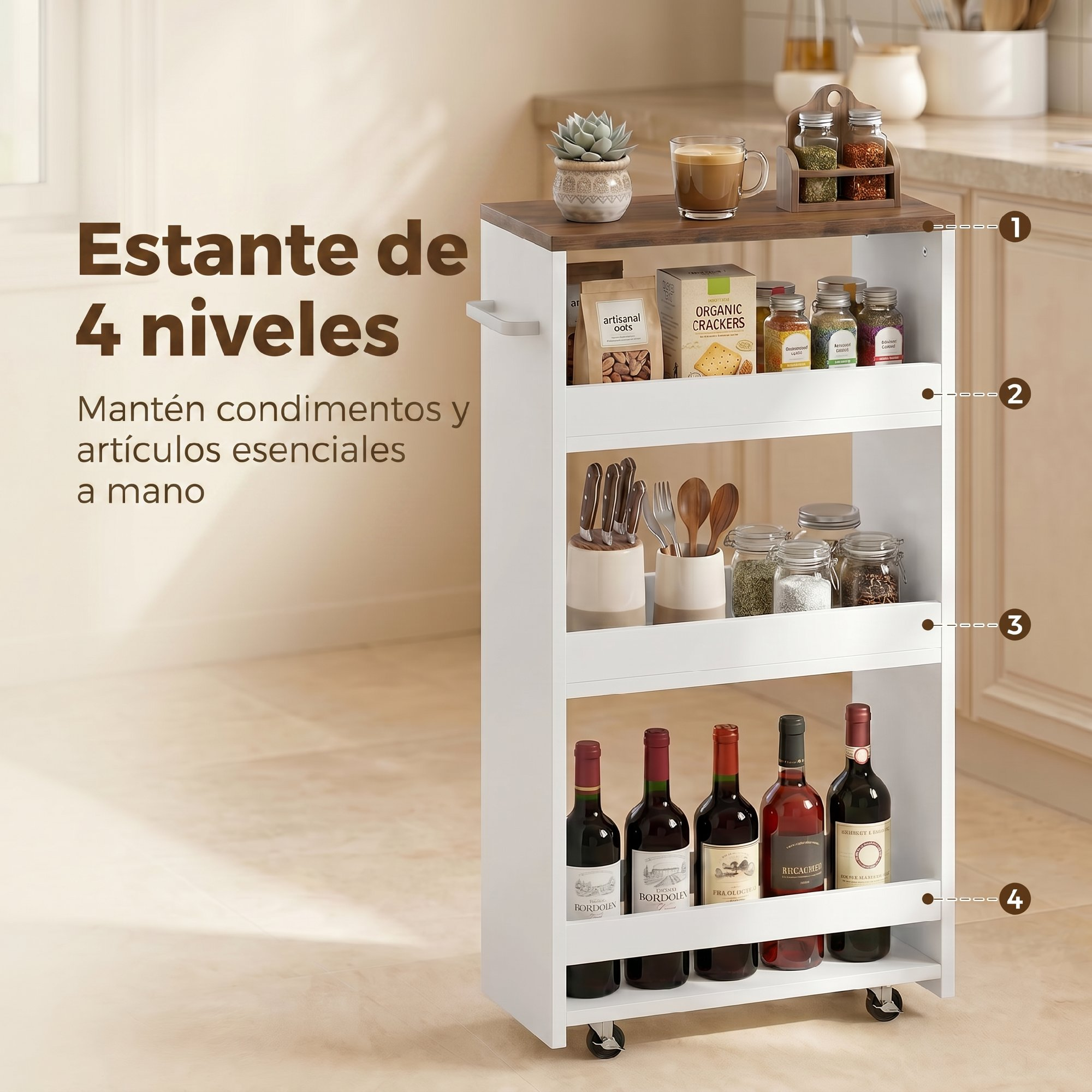 Un carrito blanco con ruedas de cuatro niveles lleno de alimentos y utensilios.
