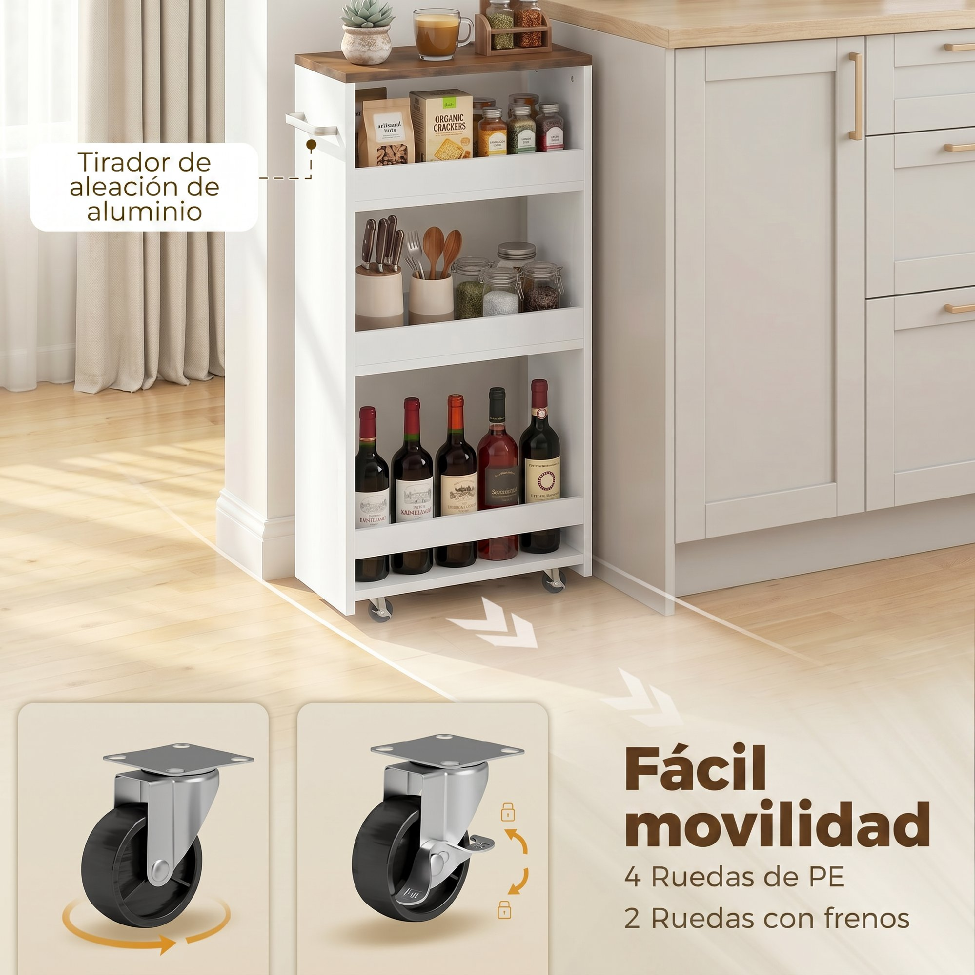 Un carrito blanco estrecho y rodante con tapa de madera, lleno de comestibles y botellas.