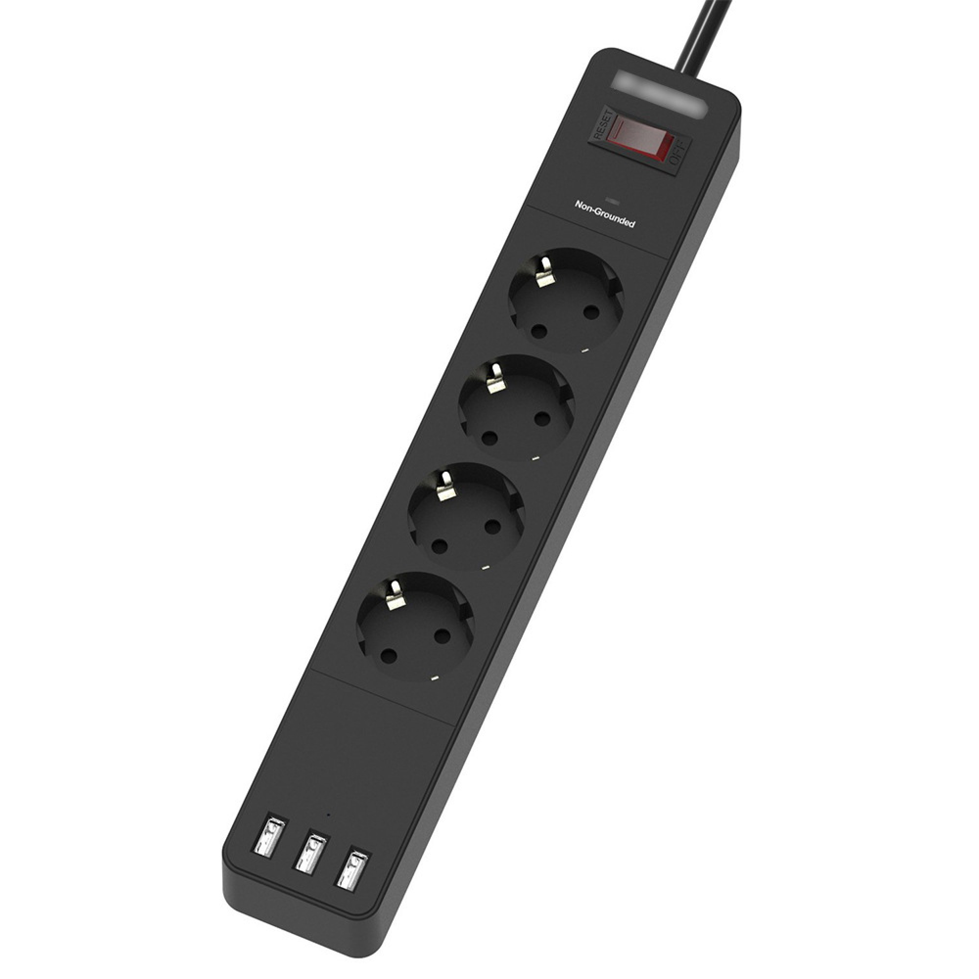 Schwarzer Mehrfachstecker mit vier Steckdosen und drei USB-Anschlüssen.