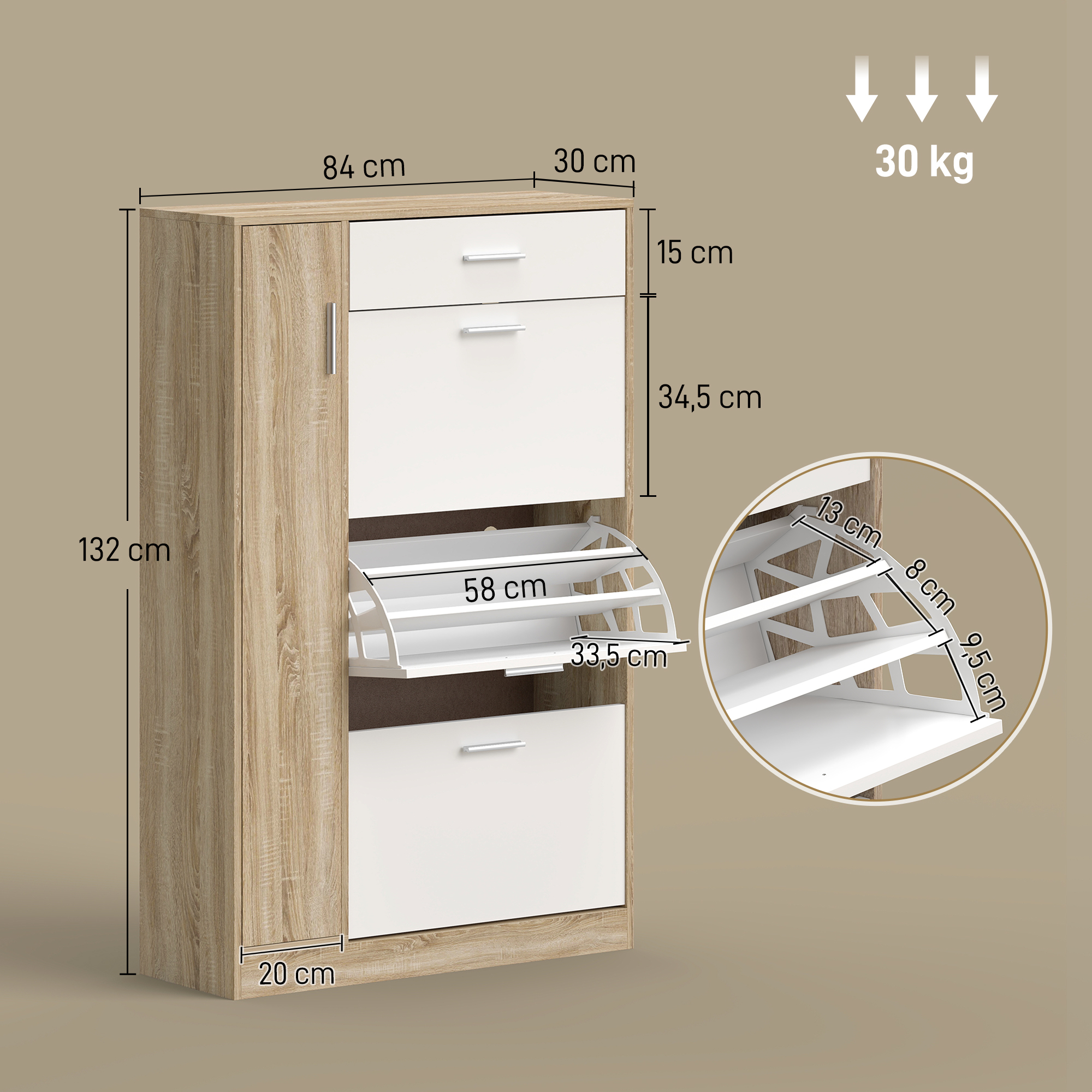 Un zapatero efecto madera con cajones y puertas abatibles blancas. Se muestran las dimensiones.