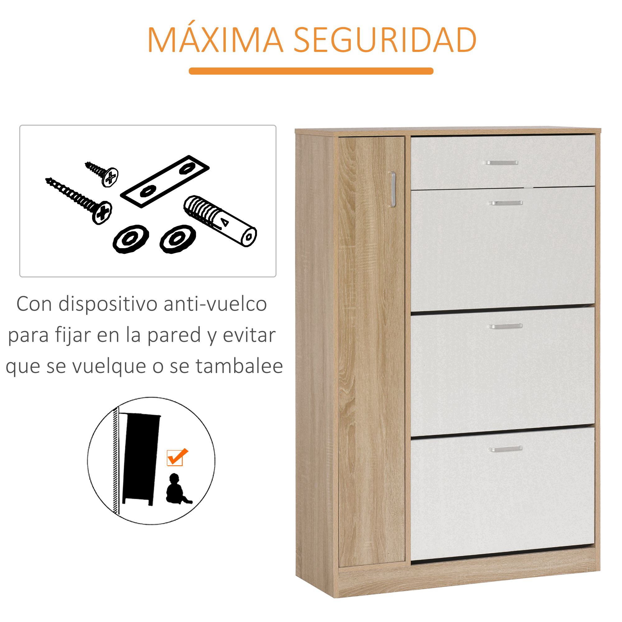 Un mueble de madera con cajones blancos y kit antivuelco para fijar a la pared.