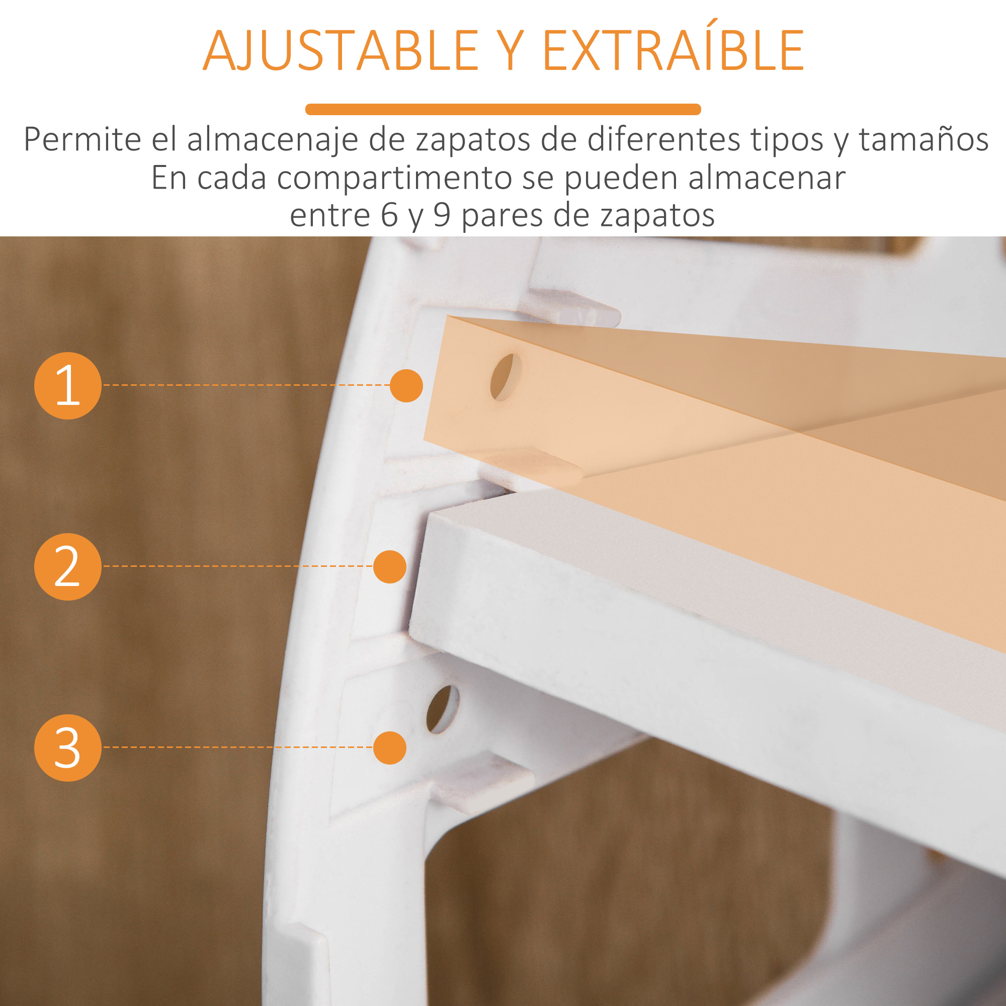 Secciones de zapatero blanco con marcadores naranjas, ajustables y extraíbles.