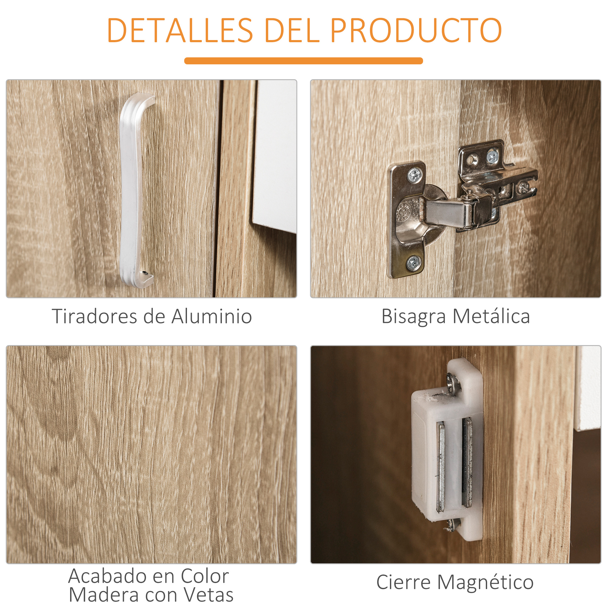 Detalles del producto: tirador de aluminio, bisagra metálica, acabado madera, cierre magnético.