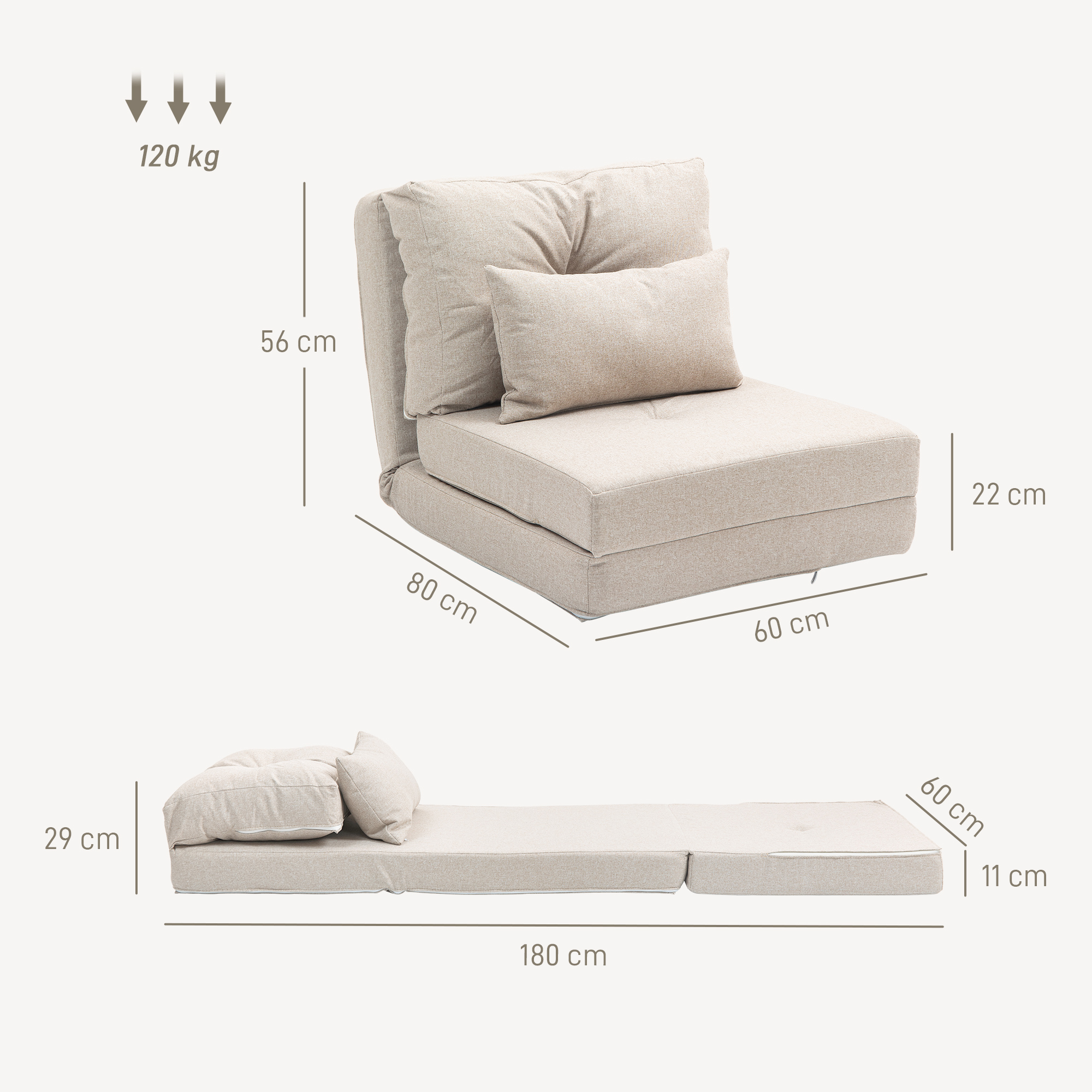 Sofá cama beige con cojines, medidas 180x60x29cm desplegado.