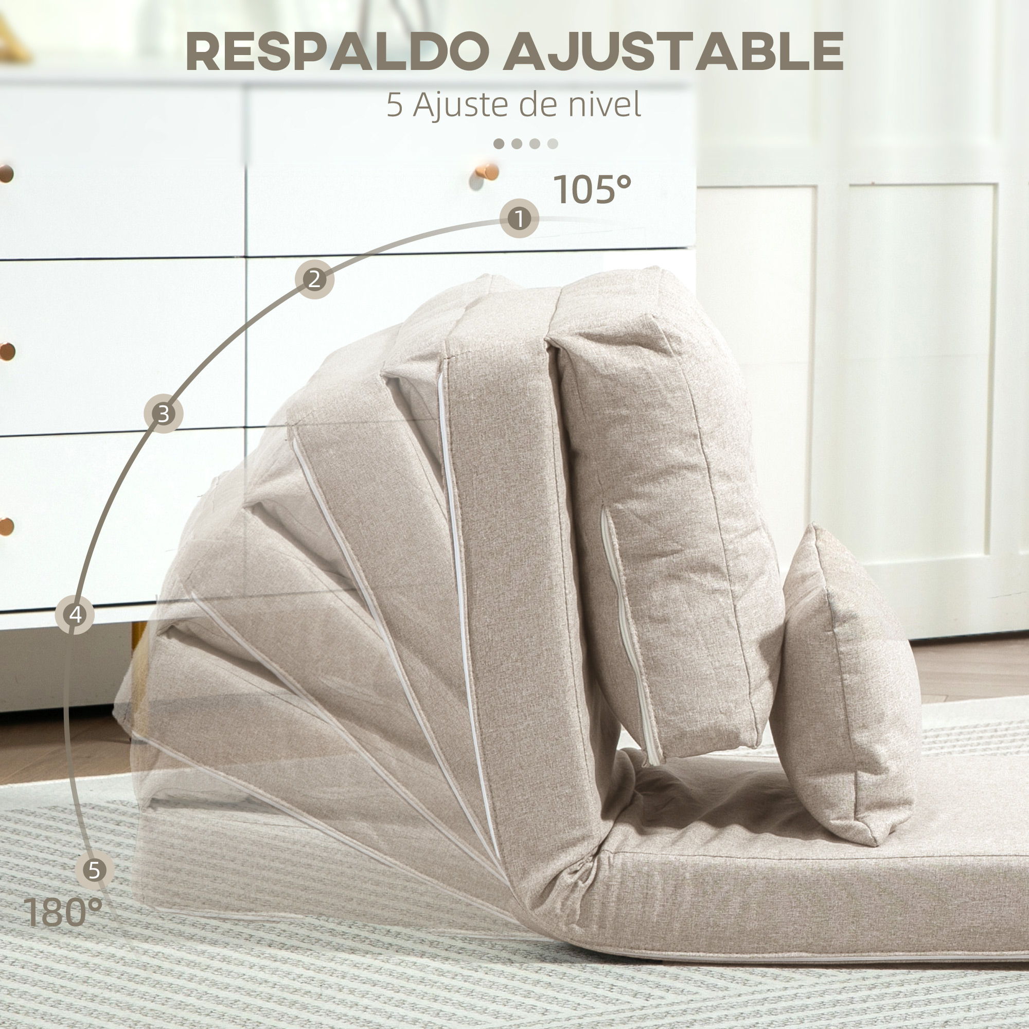 Una silla beige ajustable en varios ángulos de 105° a 180°.