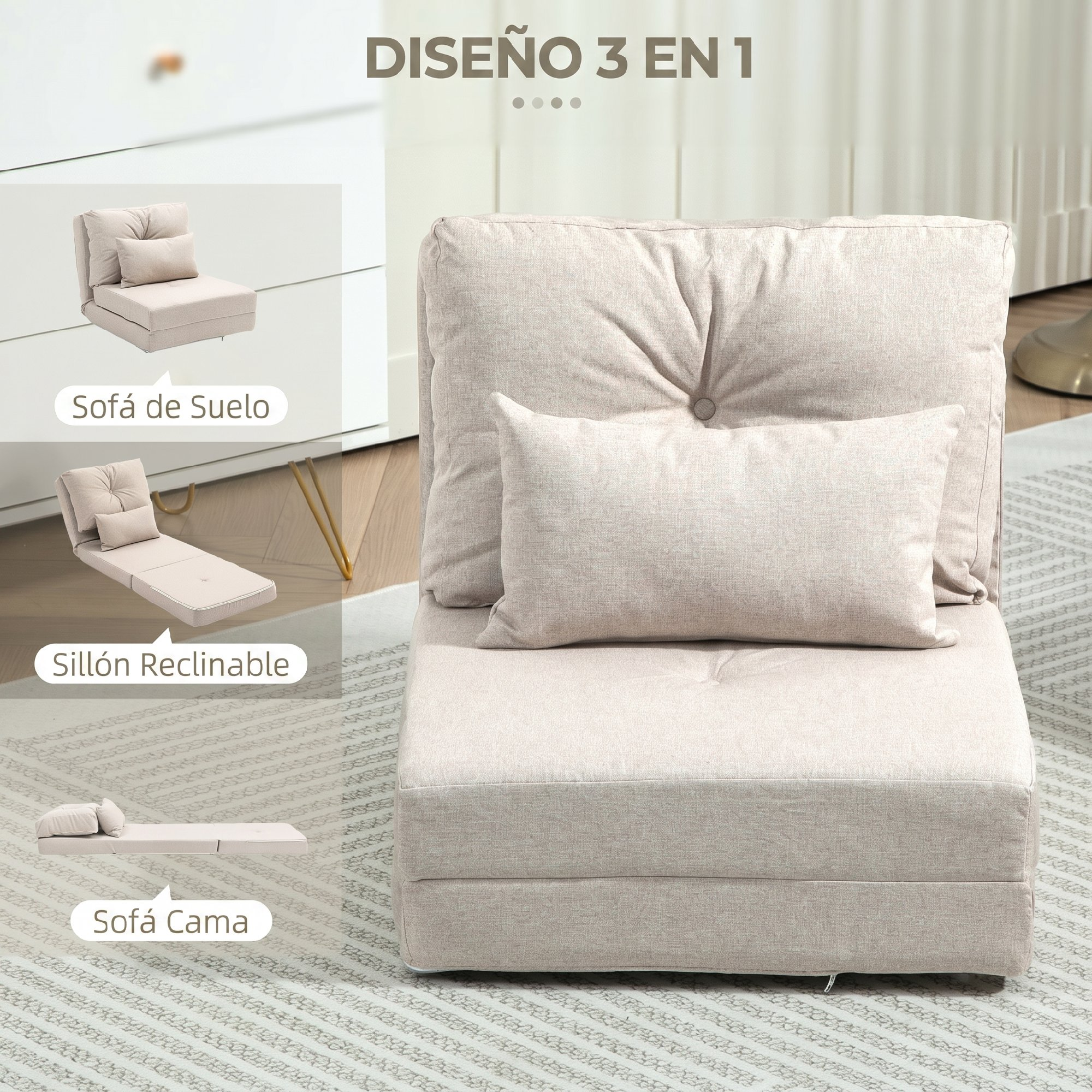 Un mueble convertible beige 3 en 1 que se muestra como sofá, tumbona y cama.