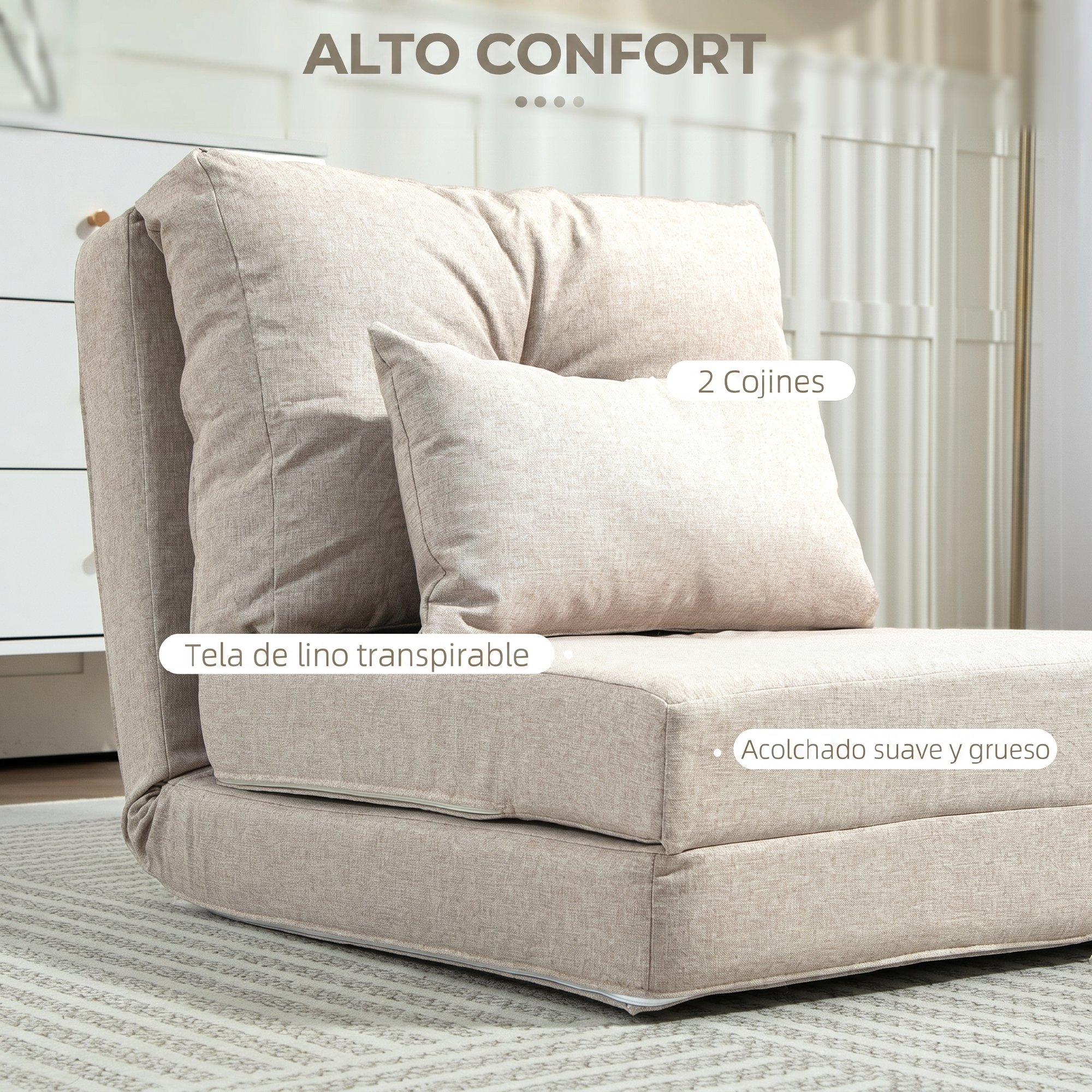 Un sillón modular beige con acolchado suave y dos cojines.