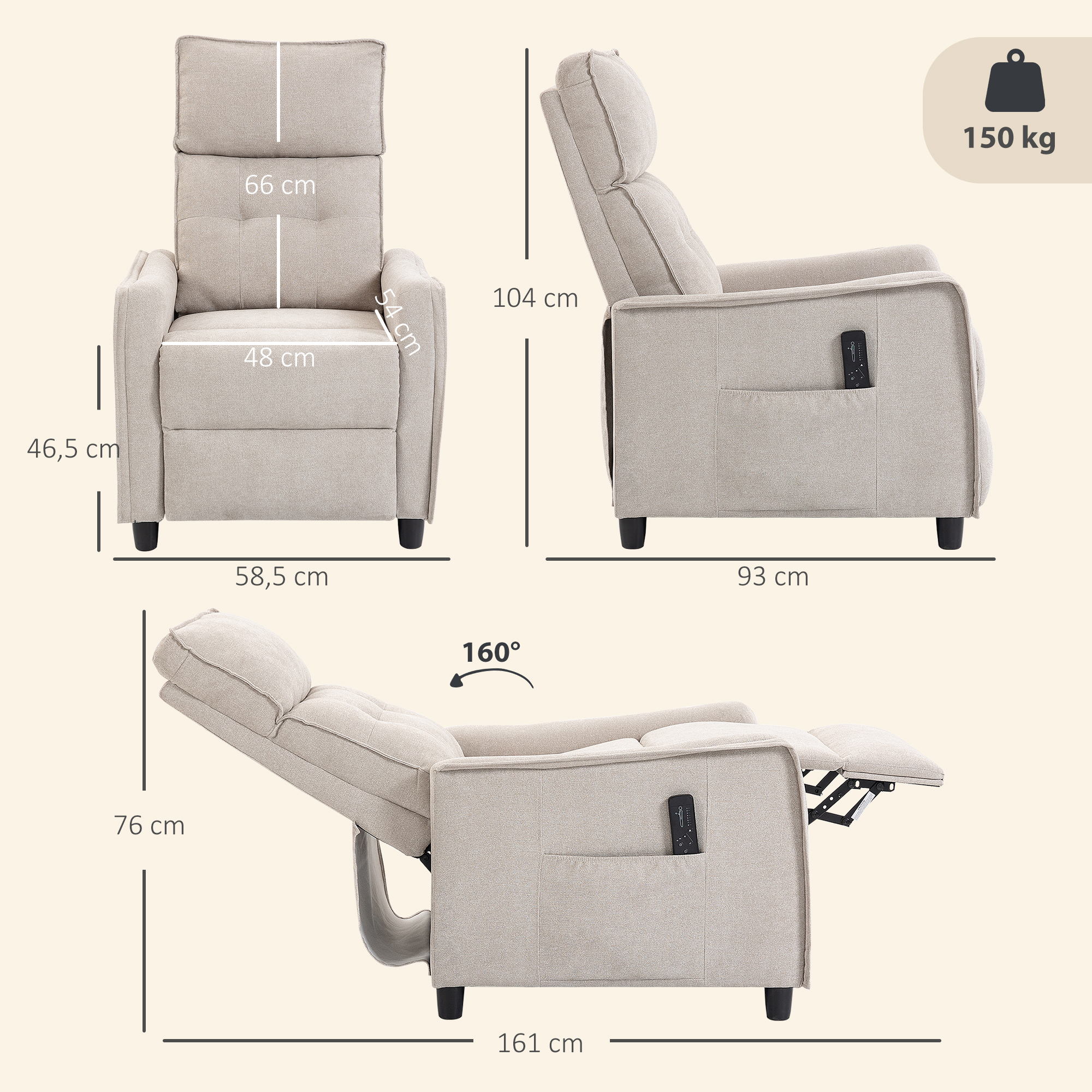 Un sillón reclinable beige con dimensiones y capacidad de 150 kg.